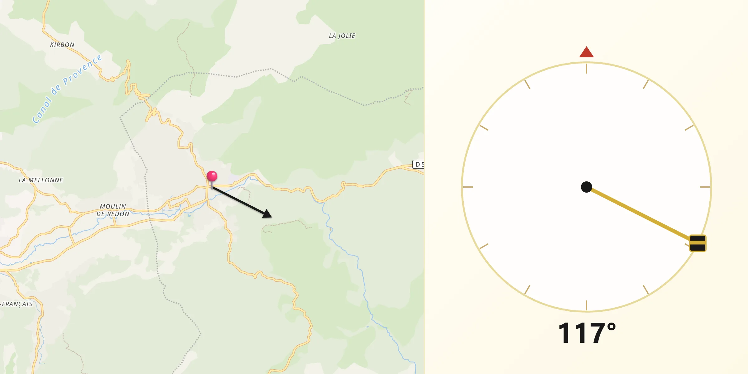 Direction vers la Qibla depuis Saint-Zacharie