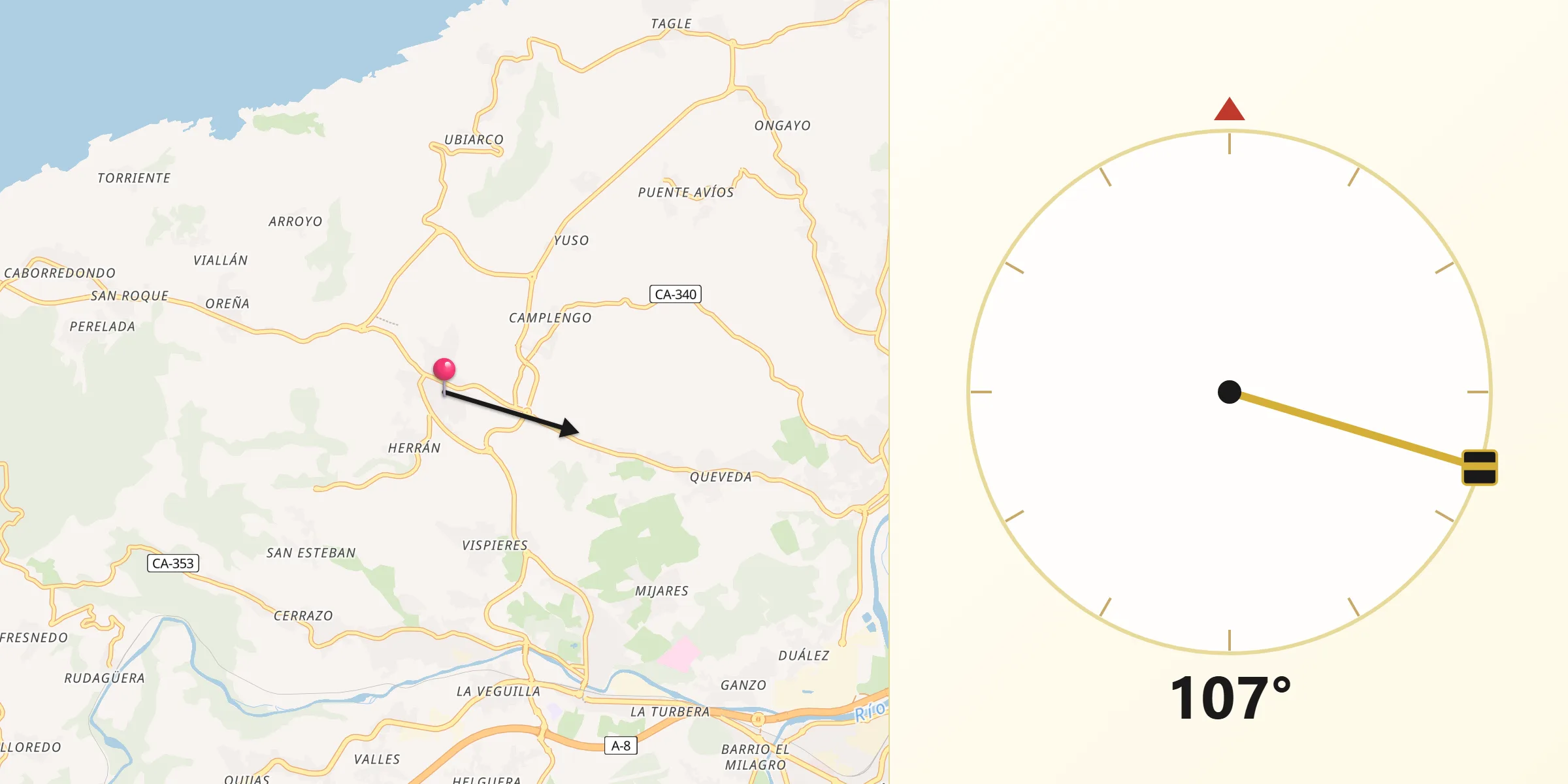 Dirección de la Qibla desde Santillana del Mar