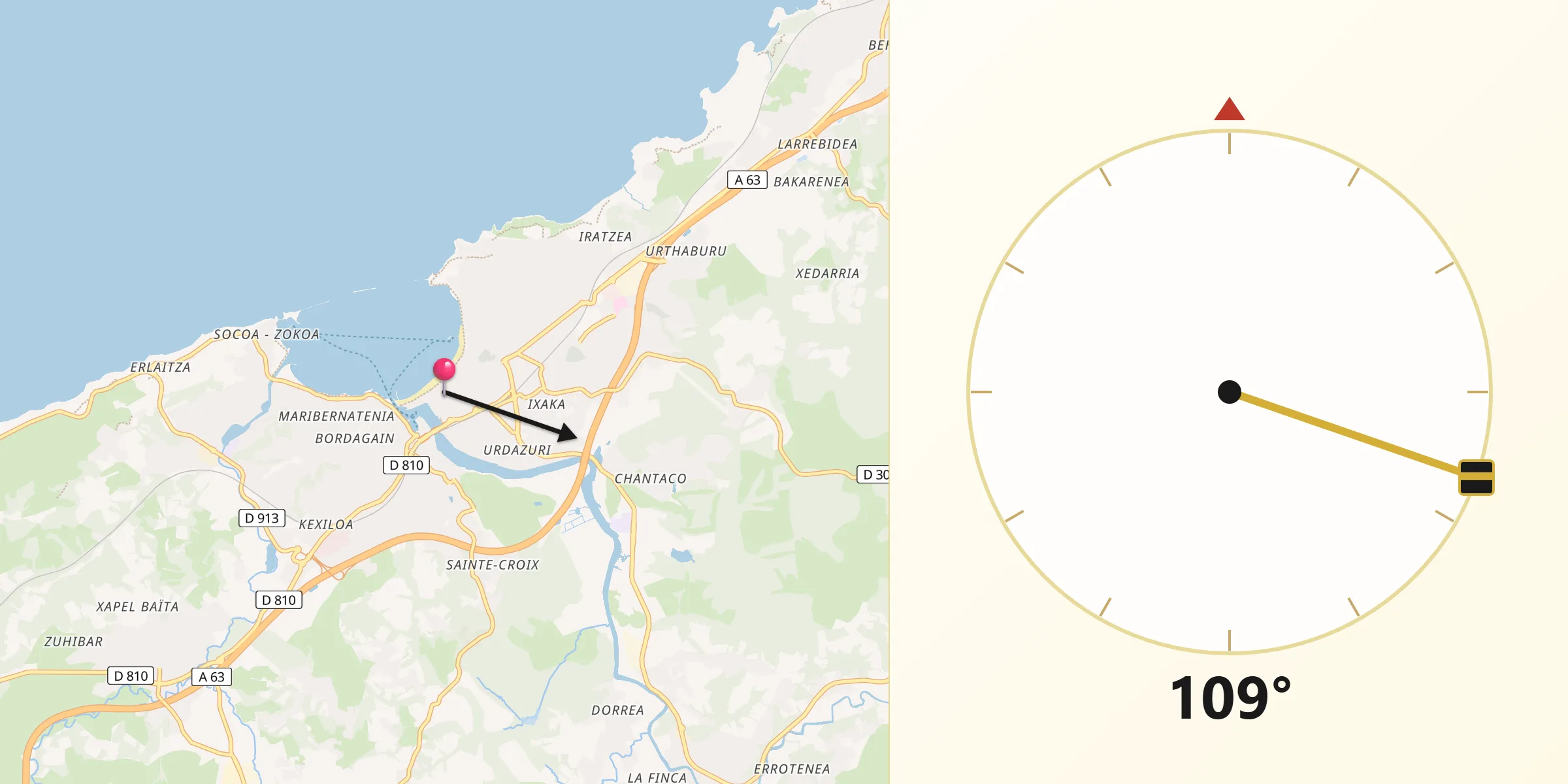 Direction vers la Qibla depuis Saint-Jean-de-Luz