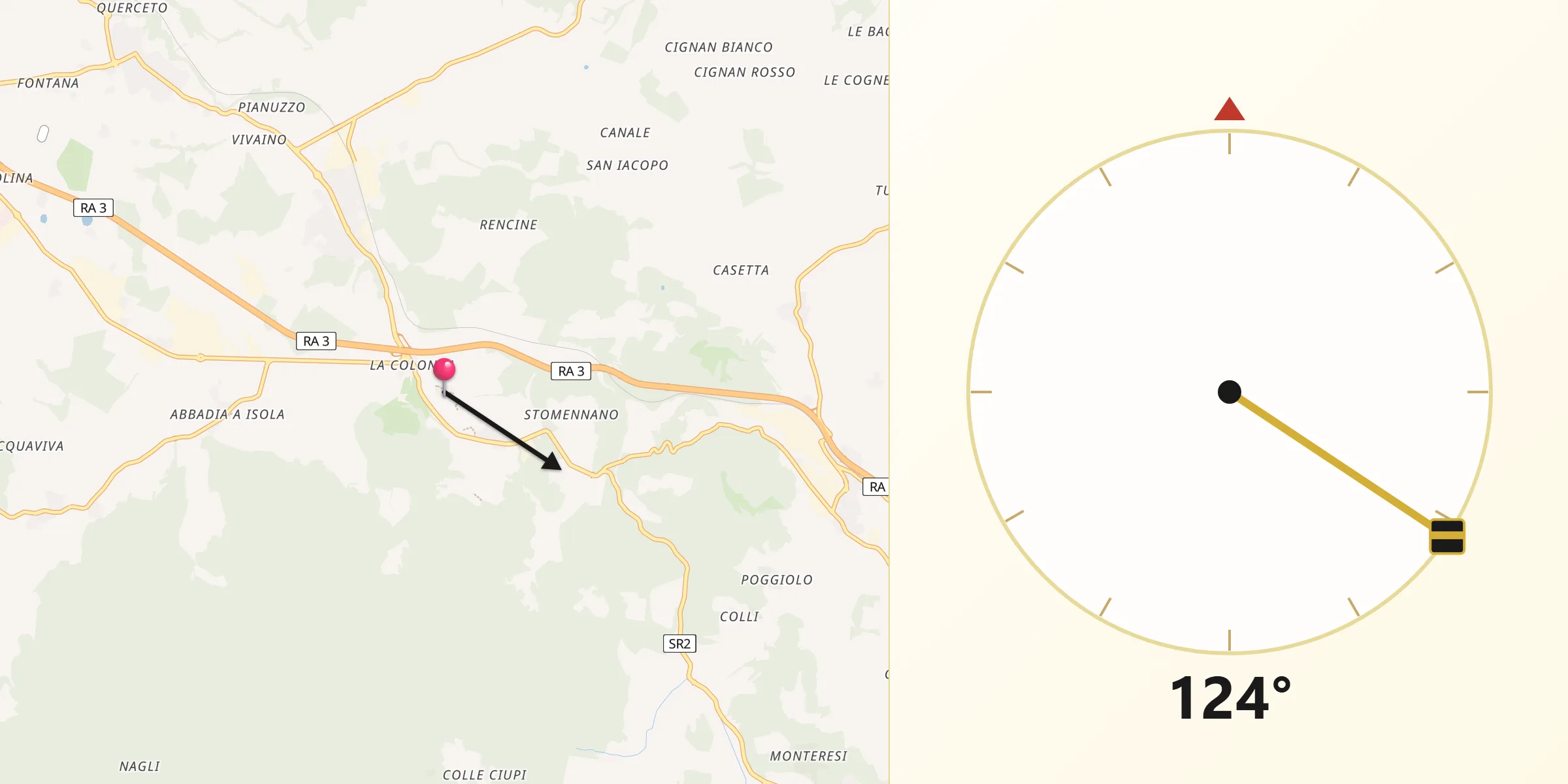 Direzione della Qibla da Monteriggioni