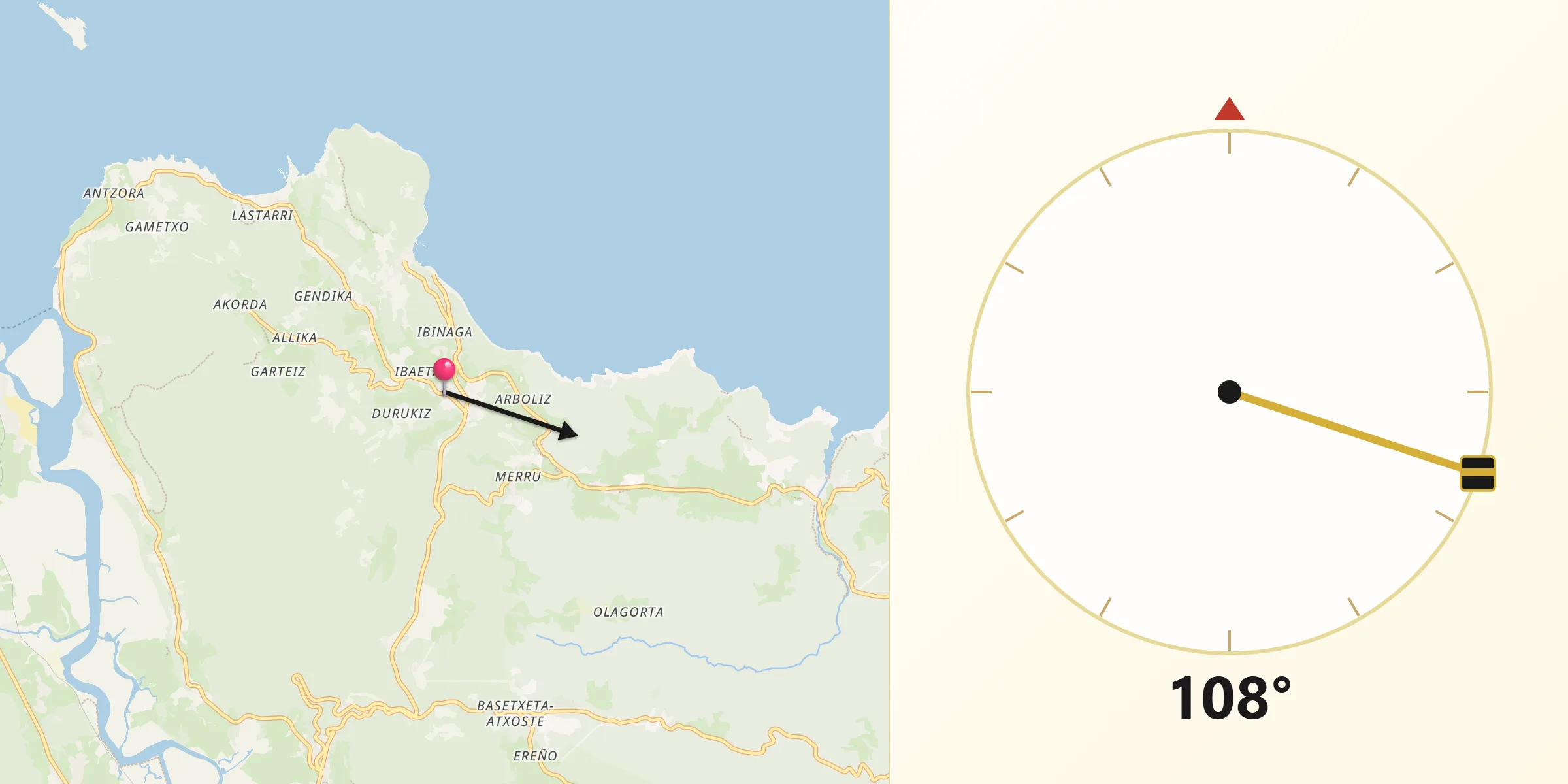 Dirección de la Qibla desde Ibarrangelu