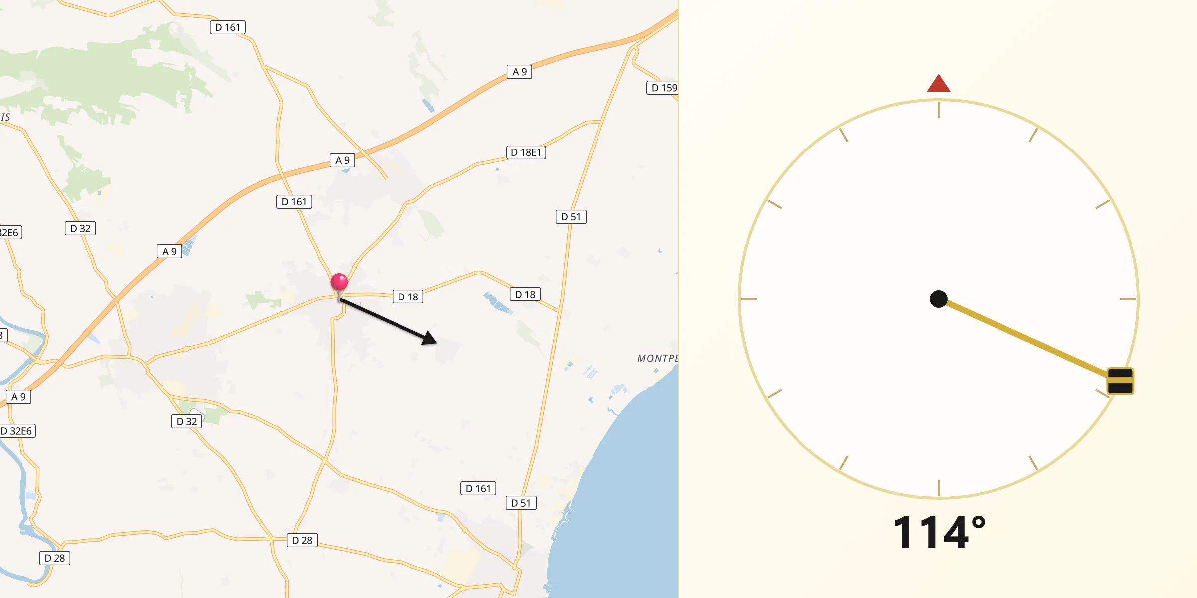 Direction vers la Qibla depuis Pomérols