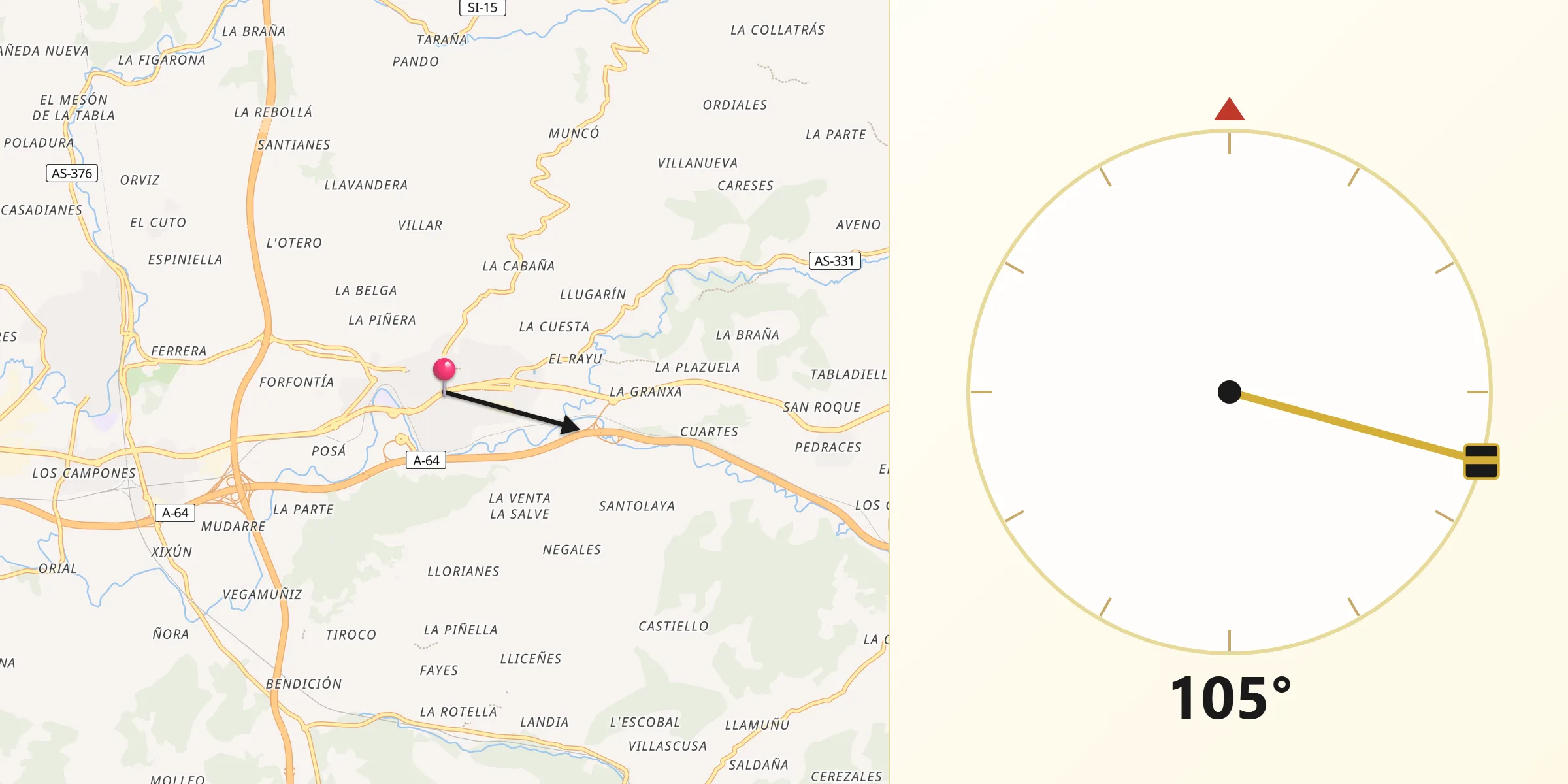 Dirección de la Qibla desde Siero