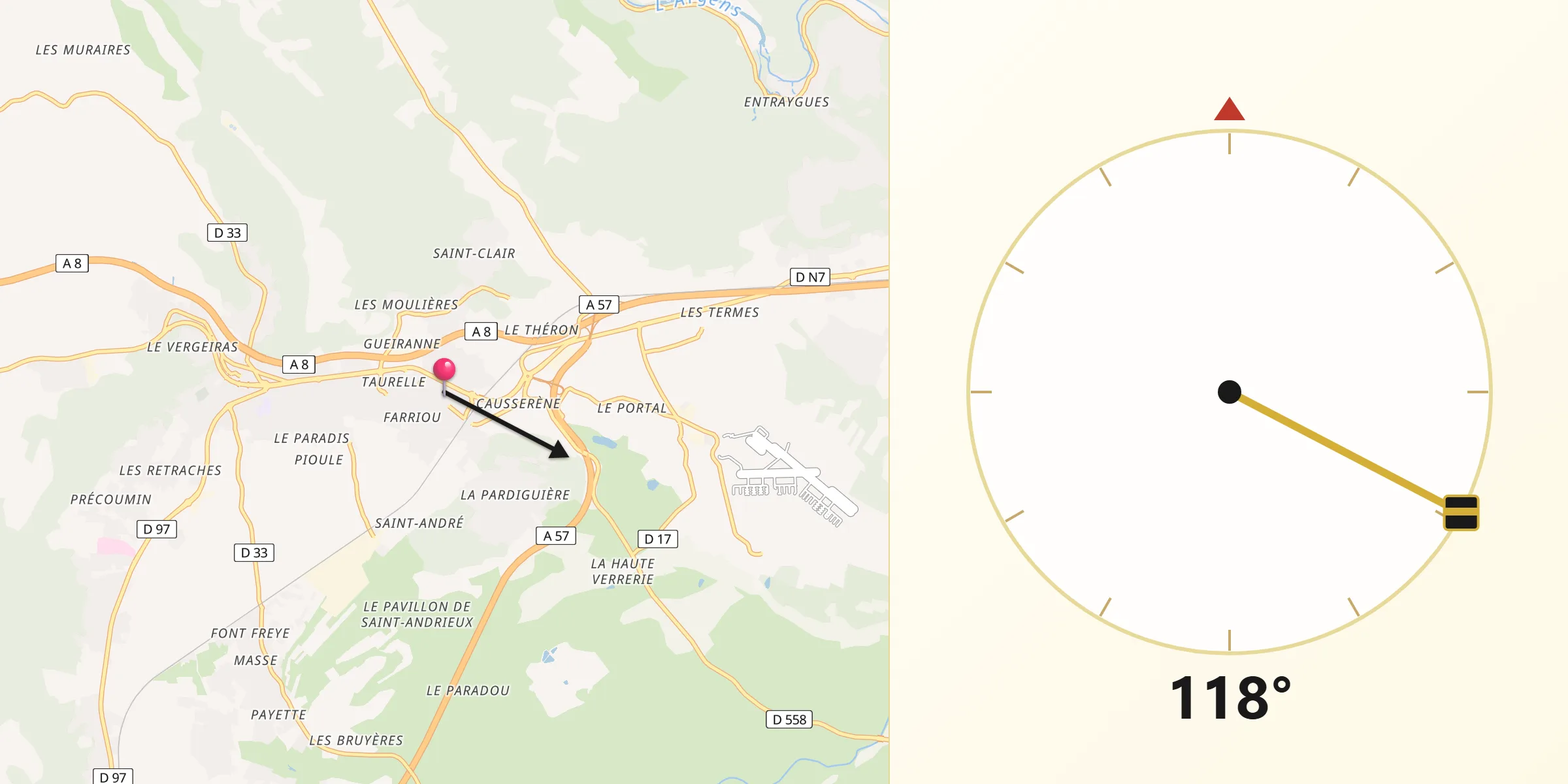 Direction vers la Qibla depuis Le Cannet-des-Maures