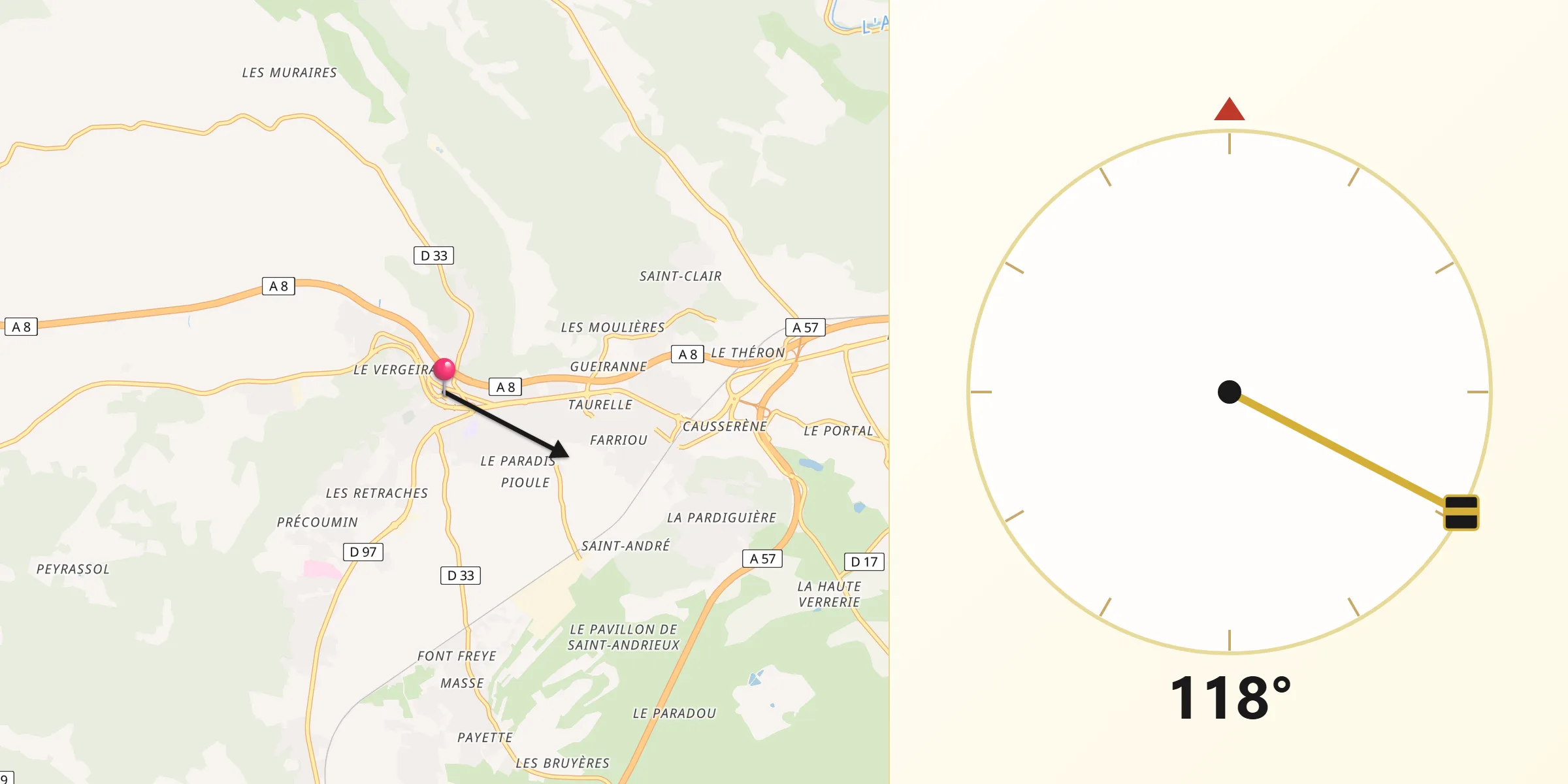 Direction vers la Qibla depuis Le Luc
