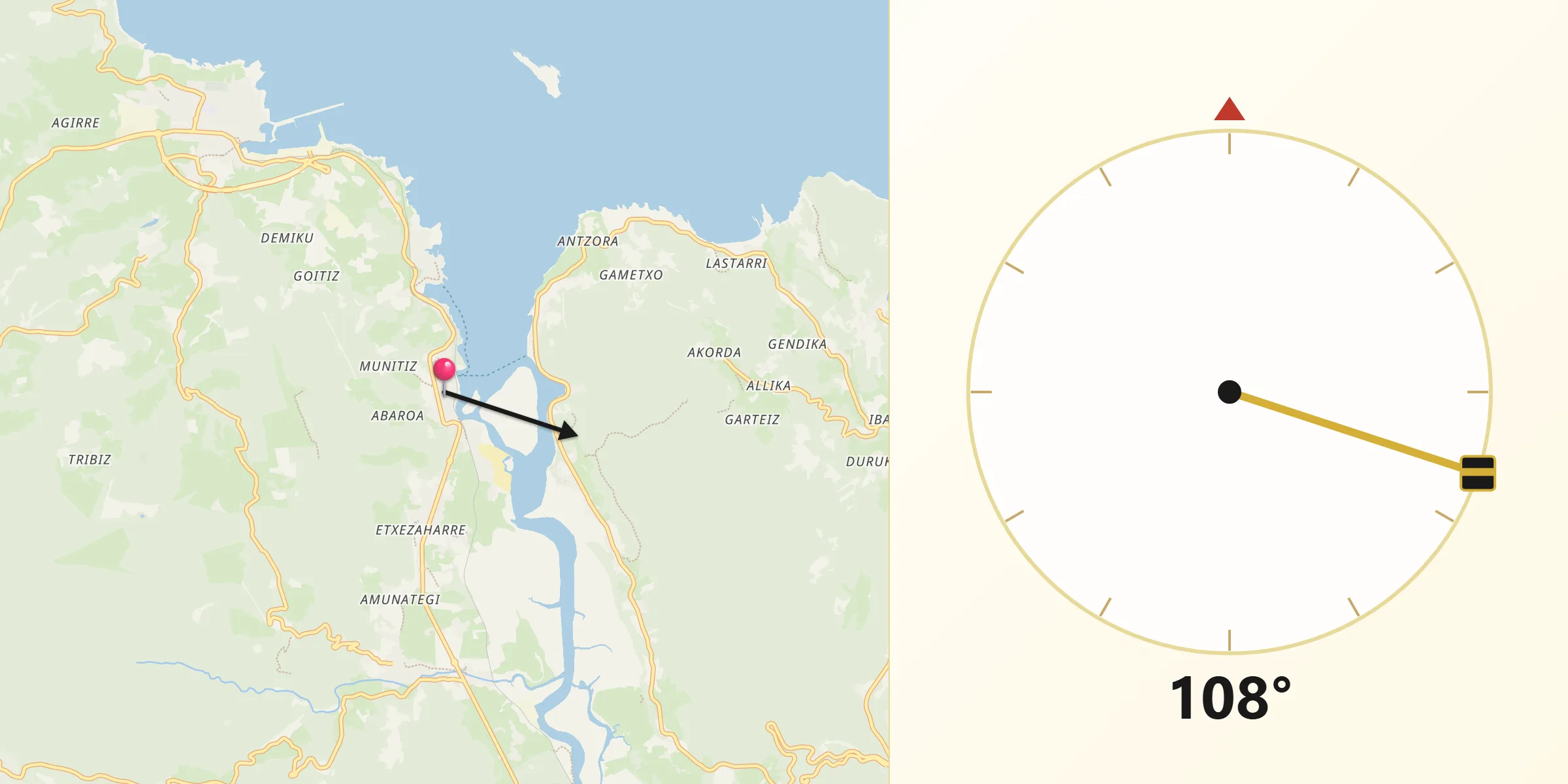 Dirección de la Qibla desde Sukarrieta