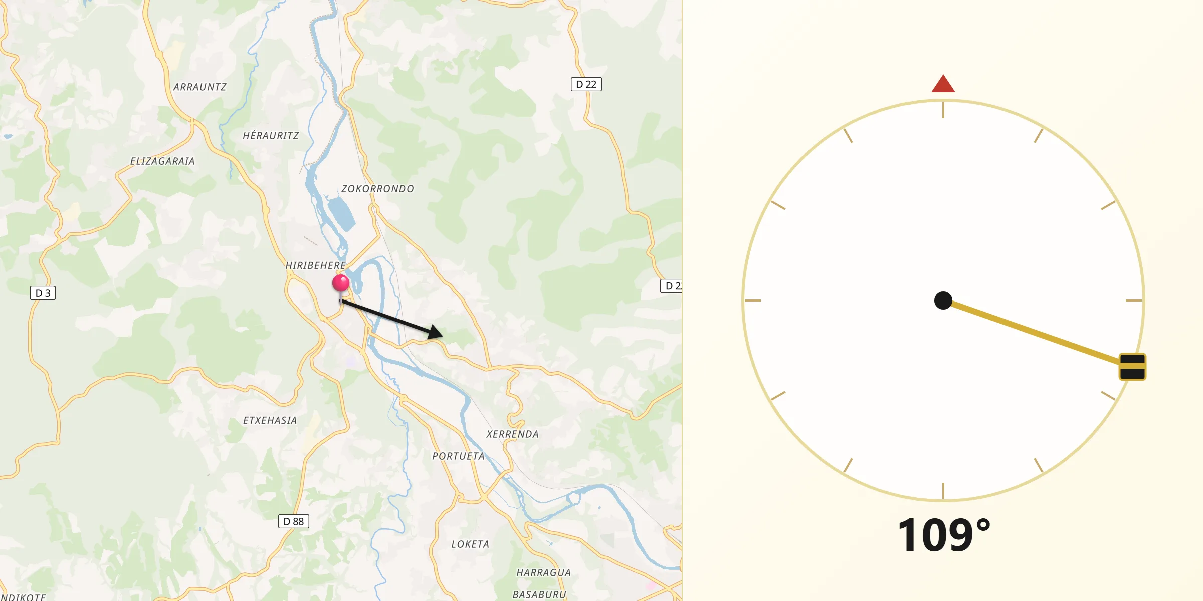 Direction vers la Qibla depuis Ustaritz