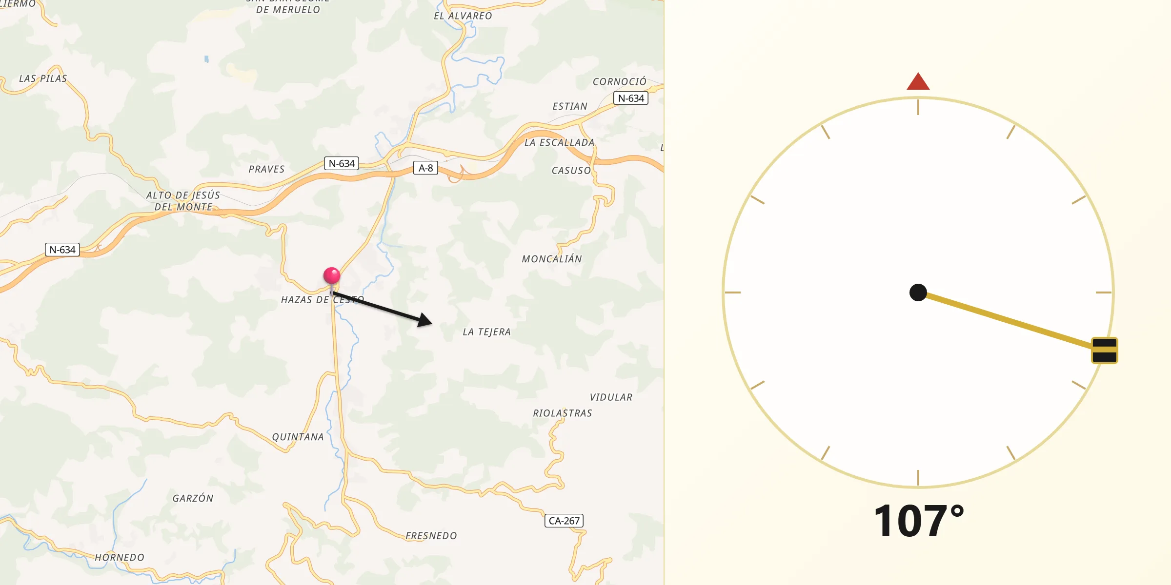 Dirección de la Qibla desde Hazas de Cesto