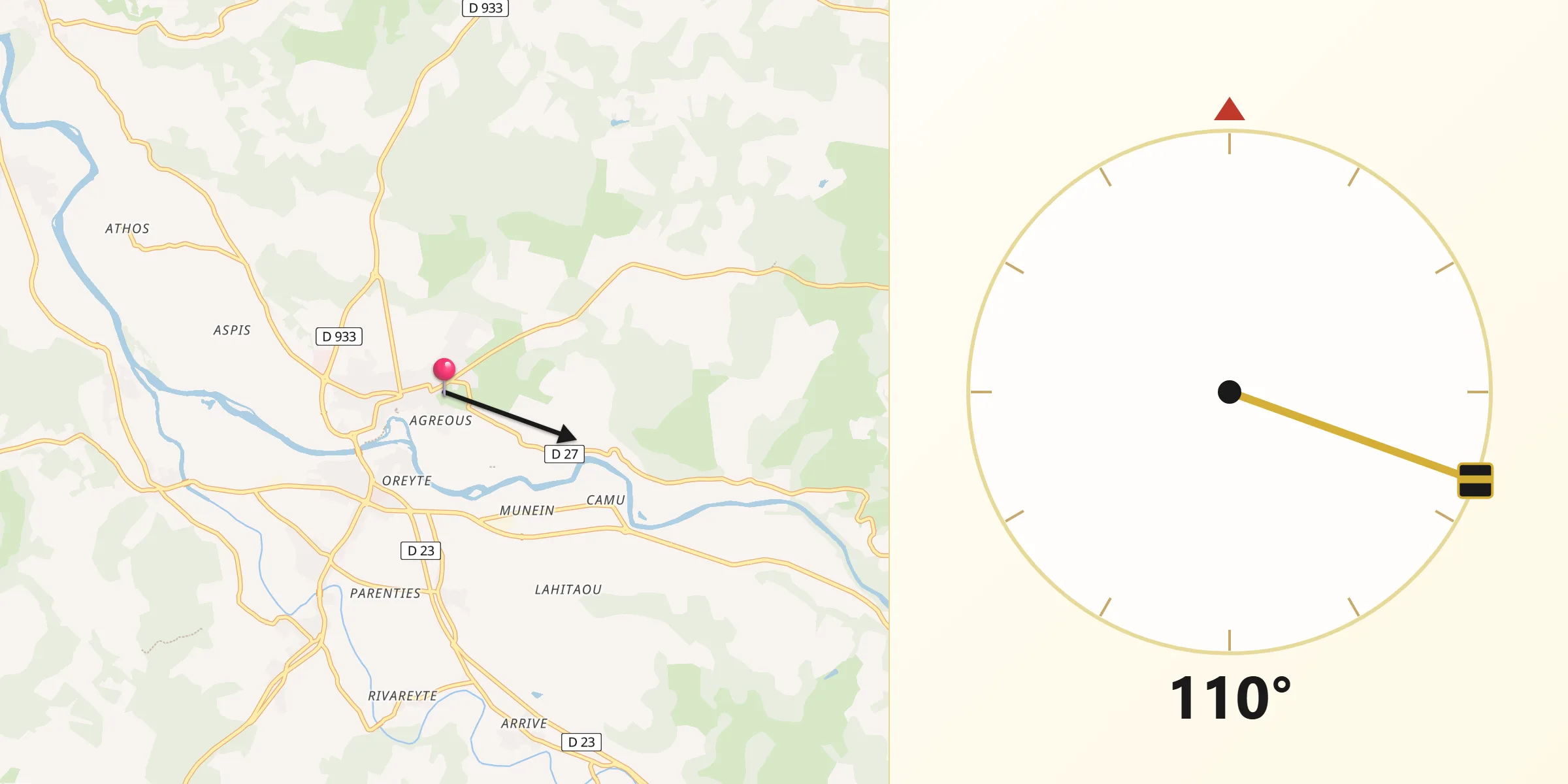 Direction vers la Qibla depuis Sauveterre-de-Béarn