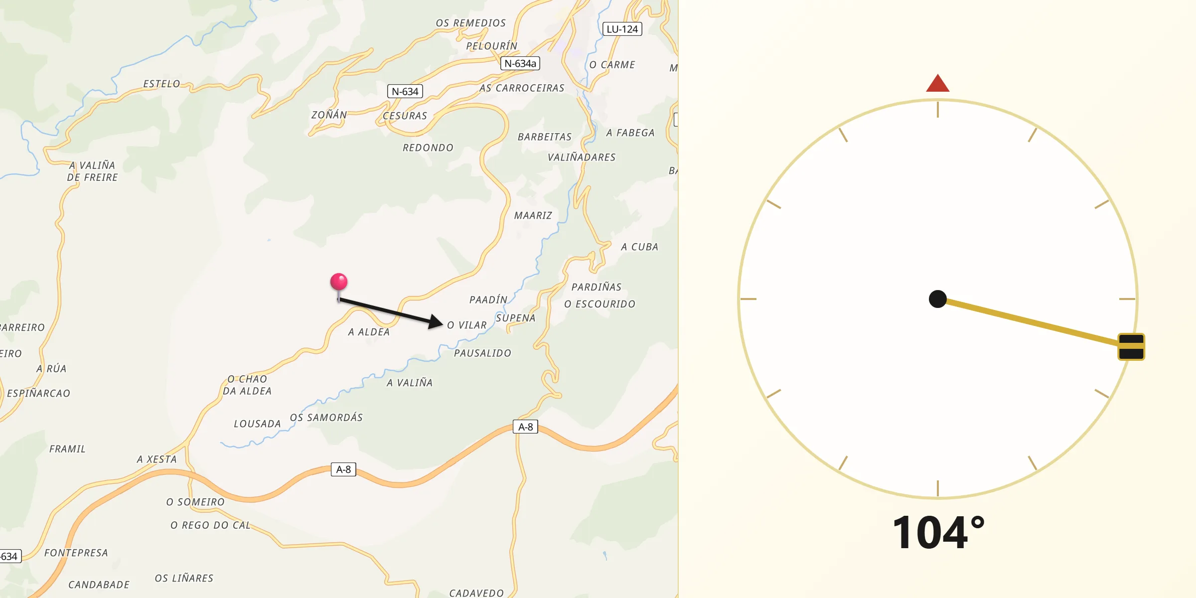 Dirección de la Qibla desde Mondoñedo