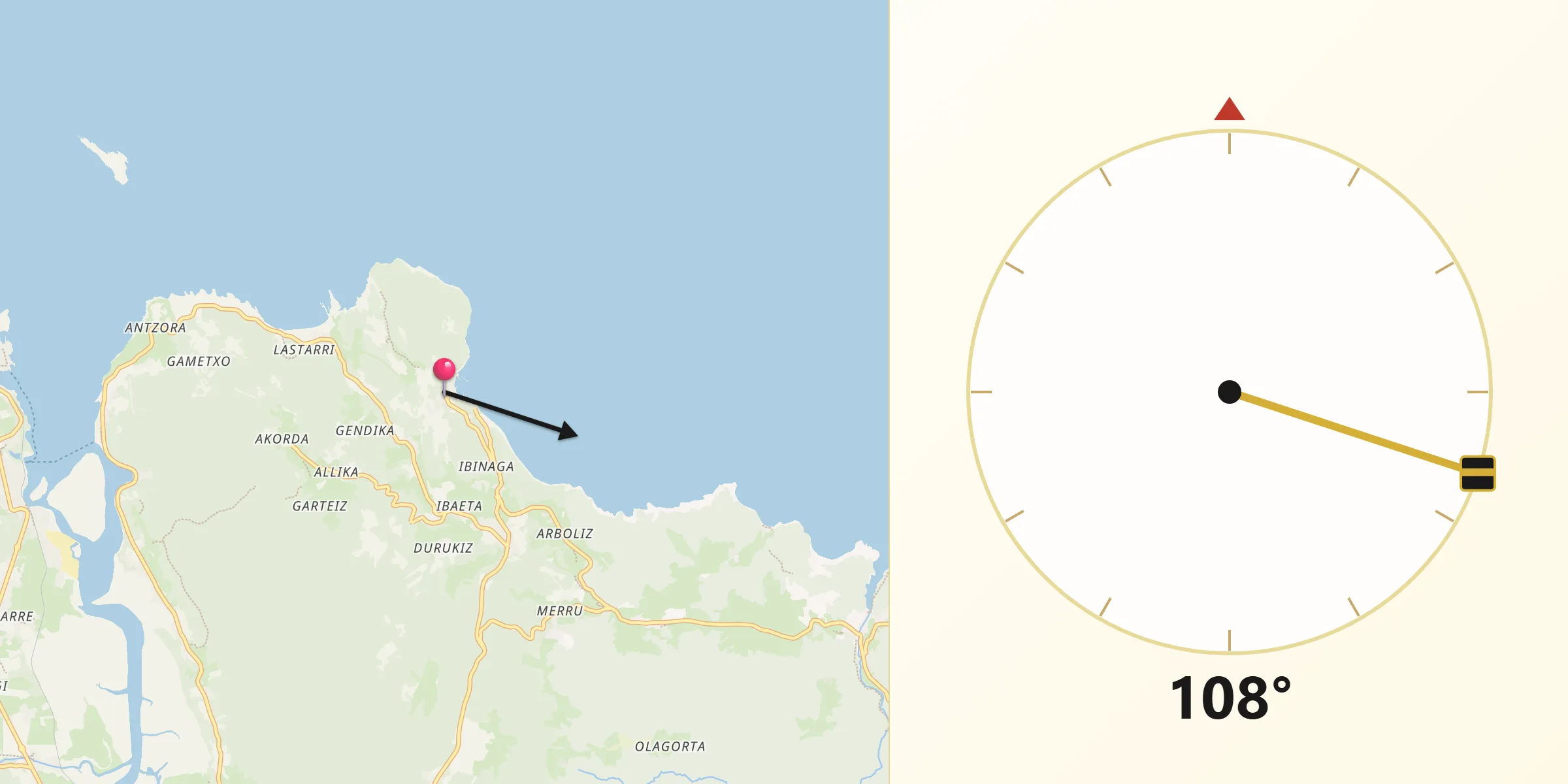 Dirección de la Qibla desde Elantxobe