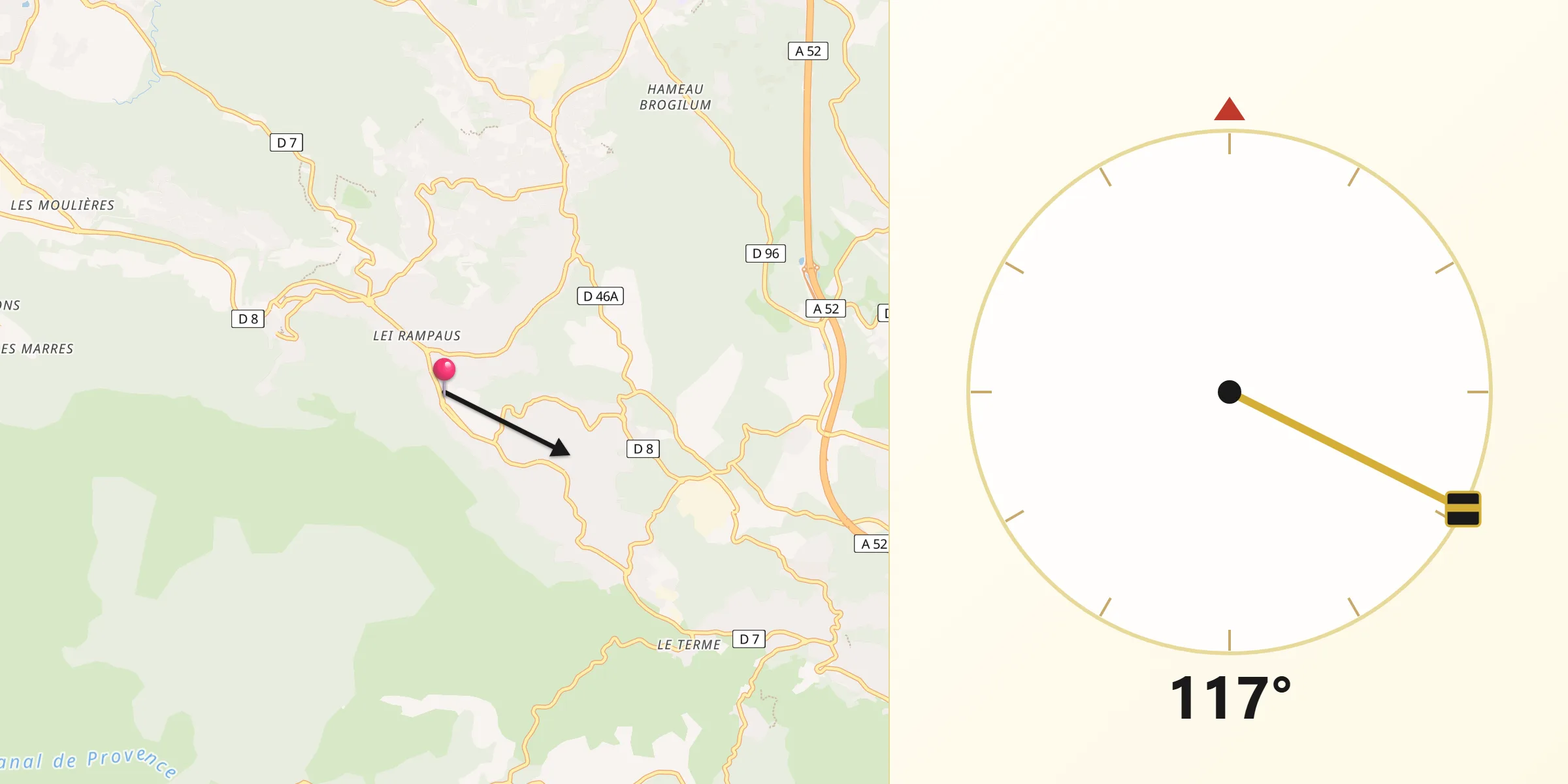 Direction vers la Qibla depuis Saint-Savournin