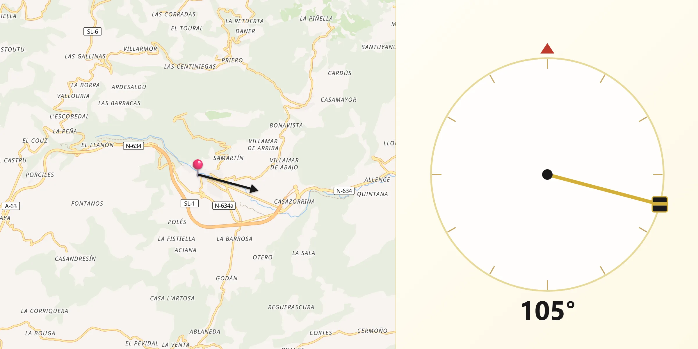 Dirección de la Qibla desde Salas