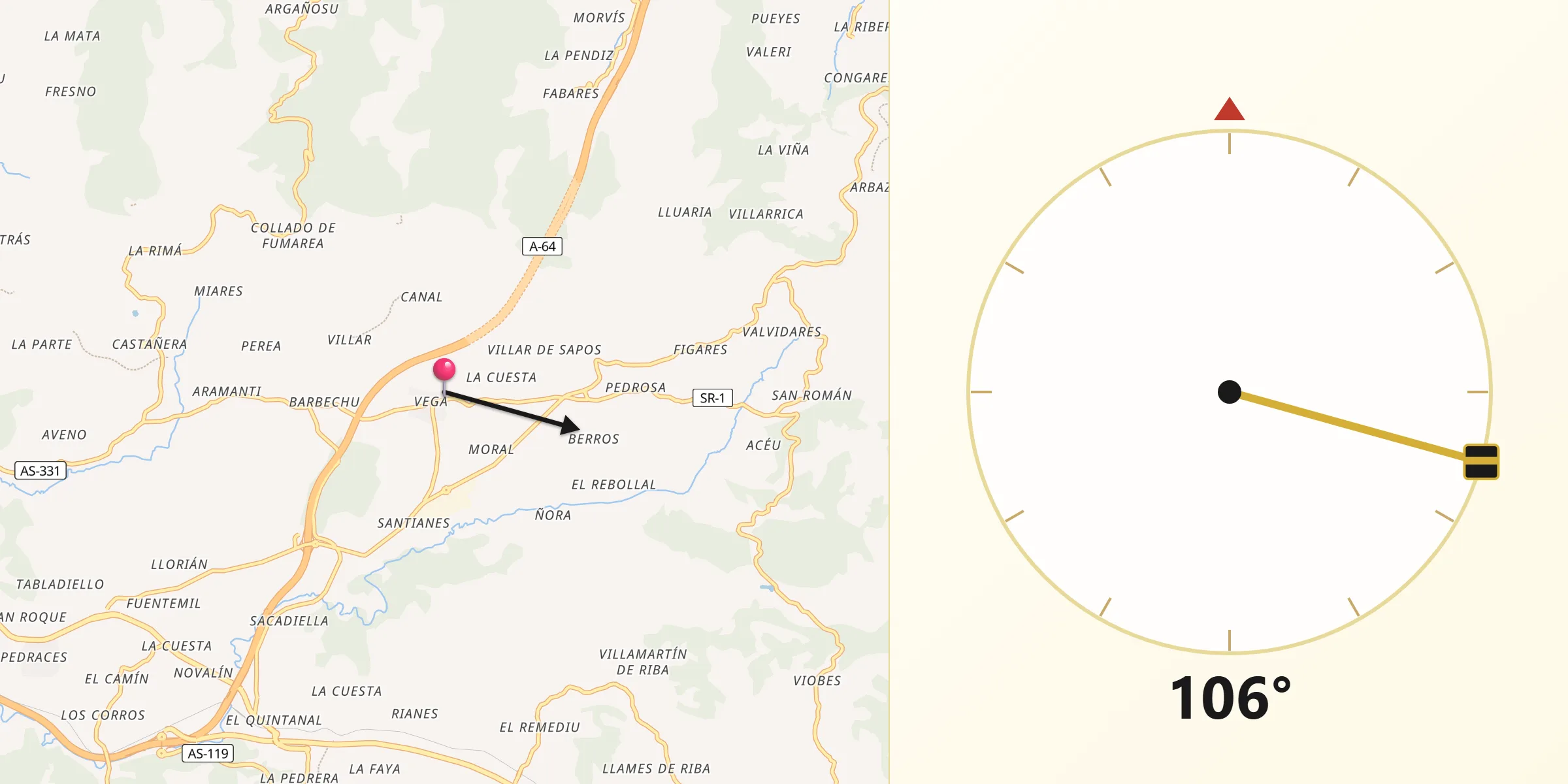 Dirección de la Qibla desde Sariego