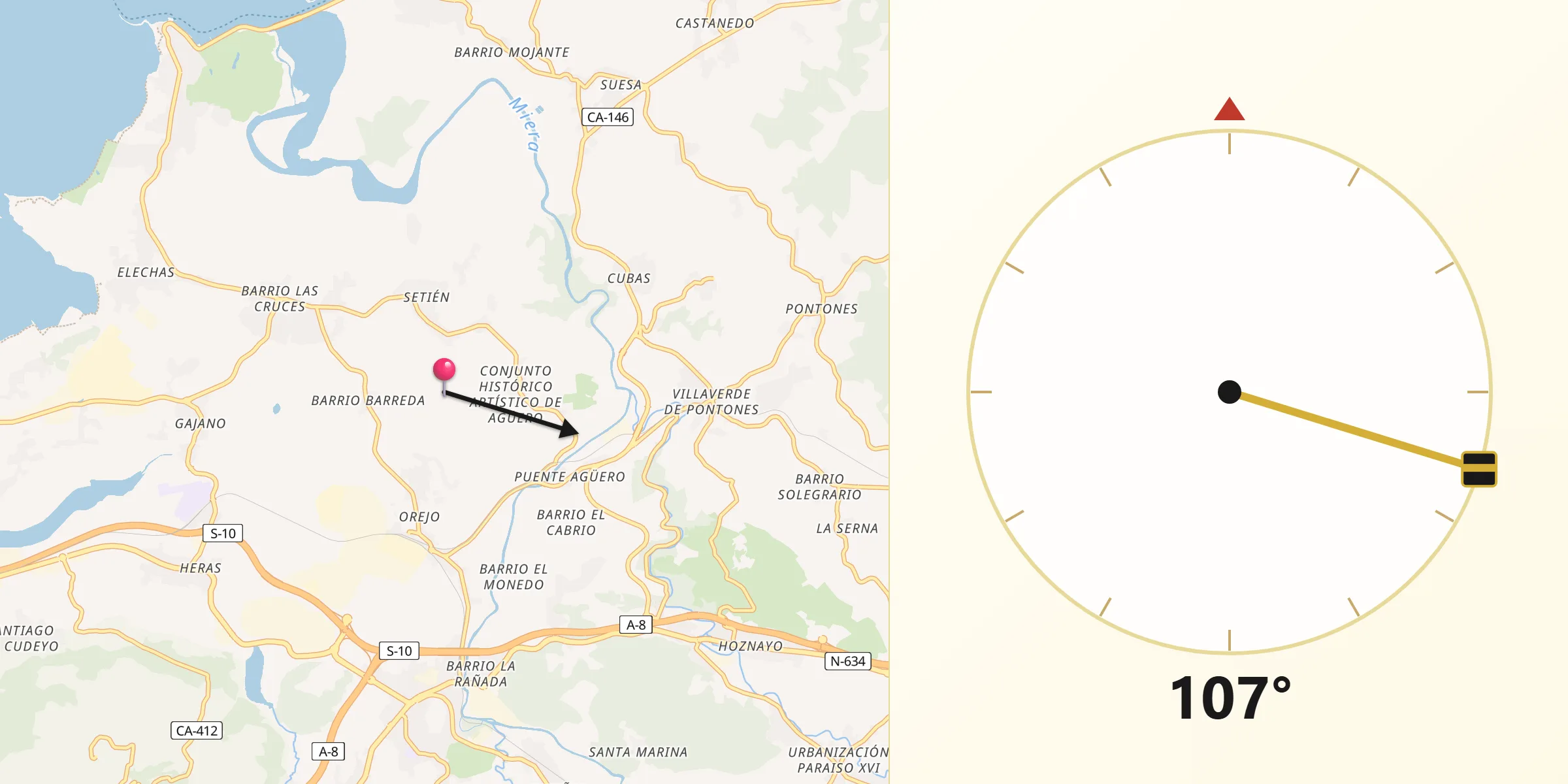 Dirección de la Qibla desde Marina de Cudeyo
