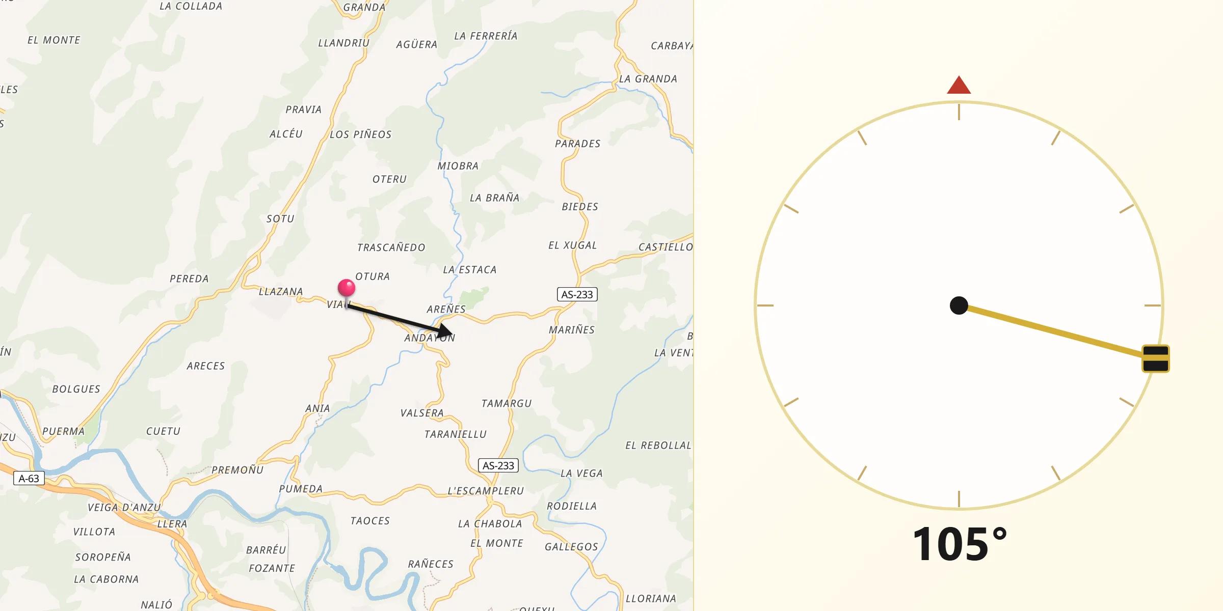 Dirección de la Qibla desde Las Regueras