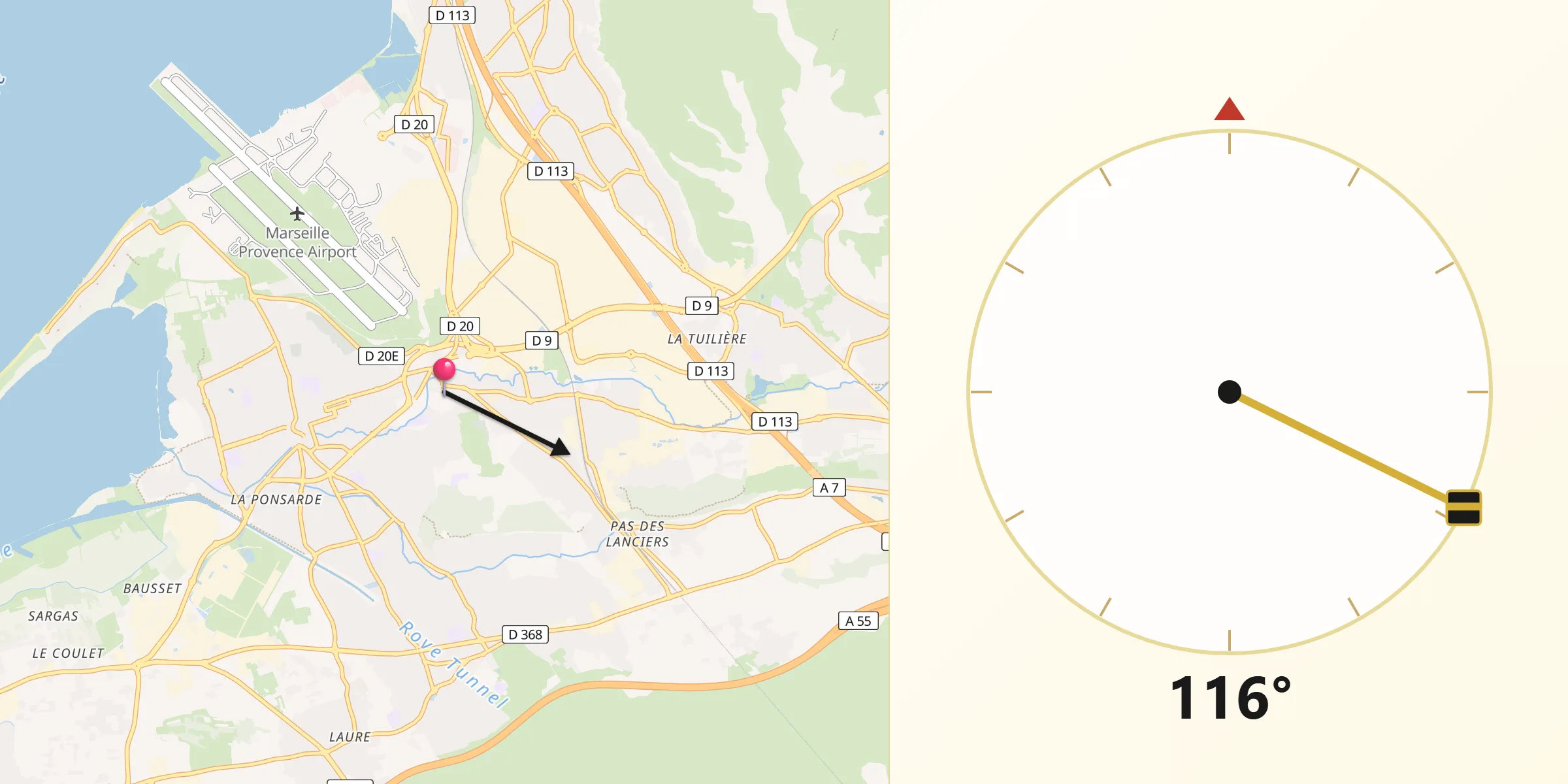 Direction vers la Qibla depuis Saint-Victoret