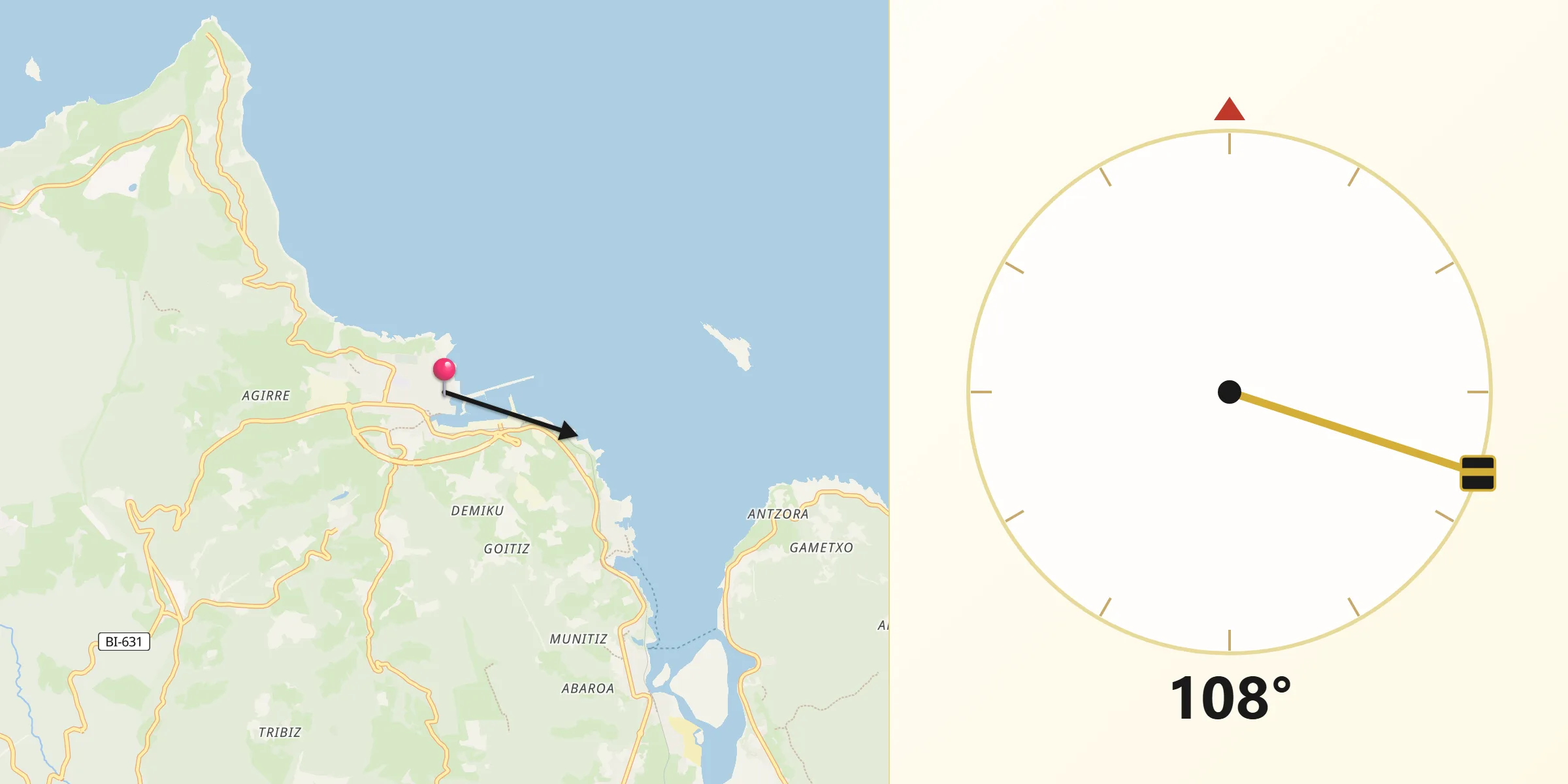 Dirección de la Qibla desde Bermeo