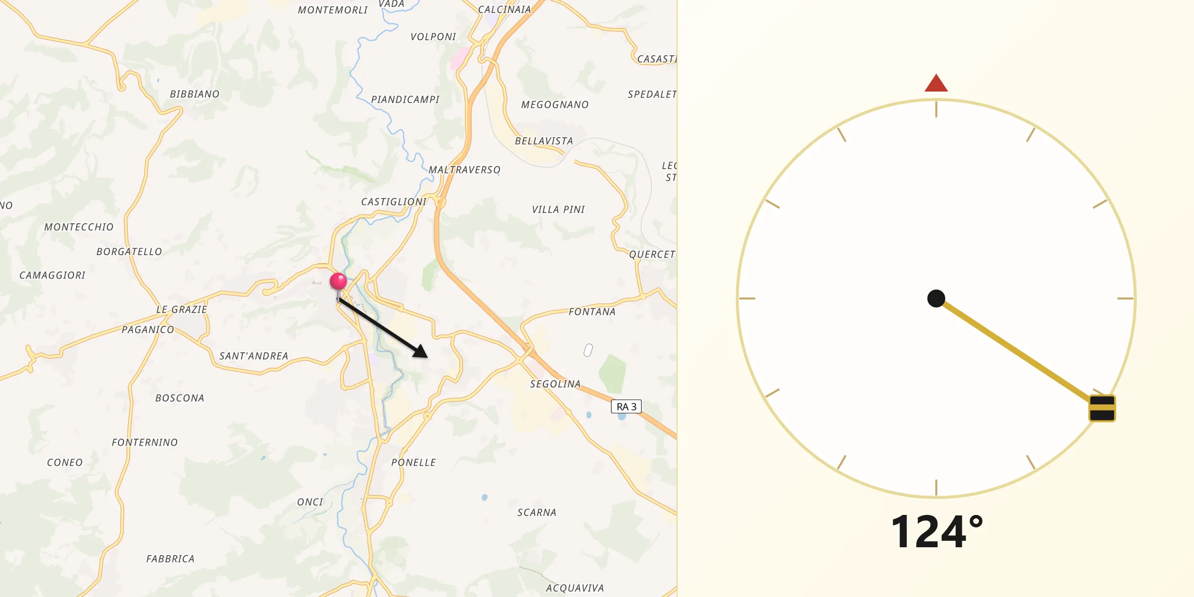 Direzione della Qibla da Colle di Val d'Elsa