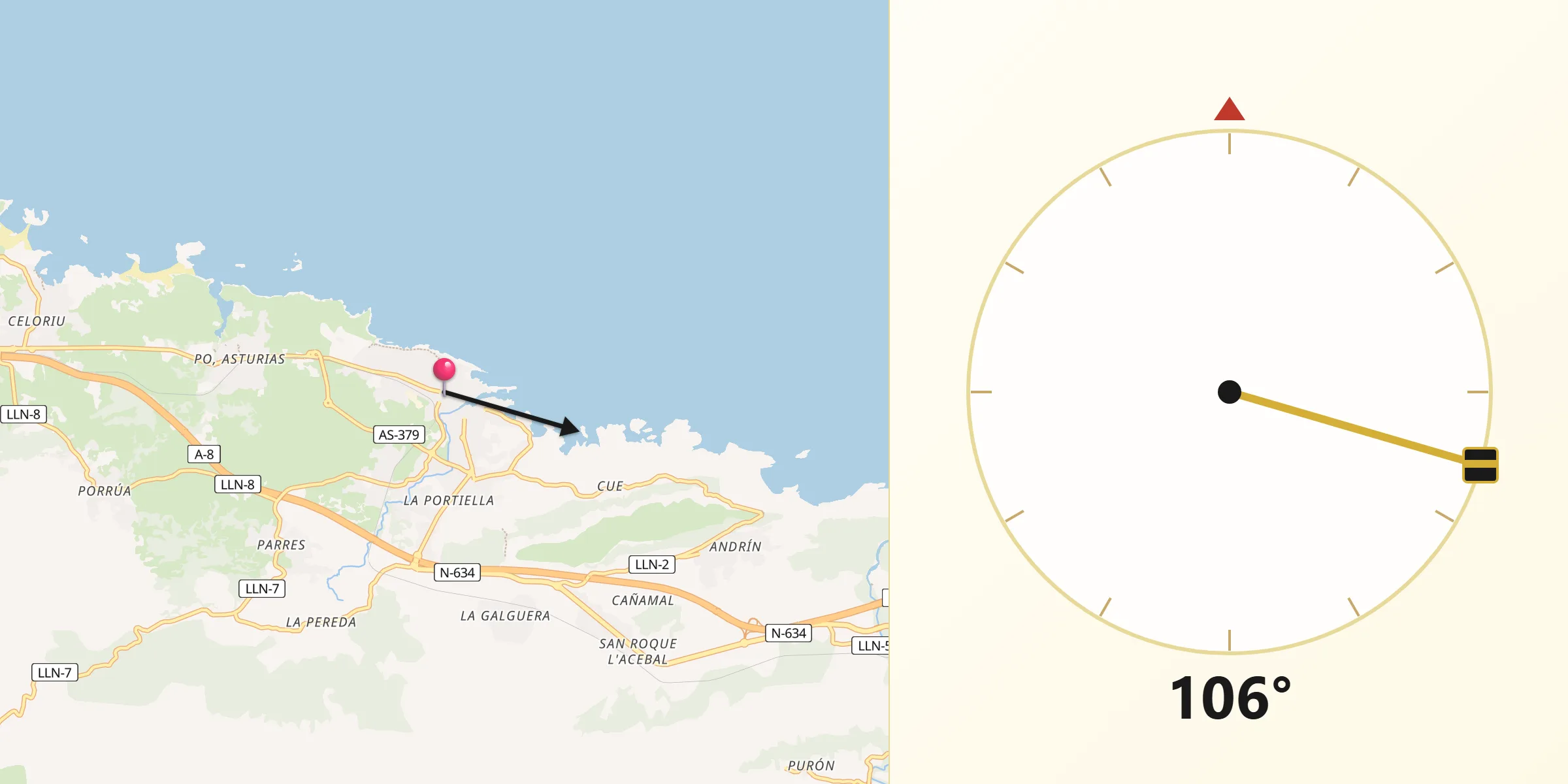 Dirección de la Qibla desde Llanes