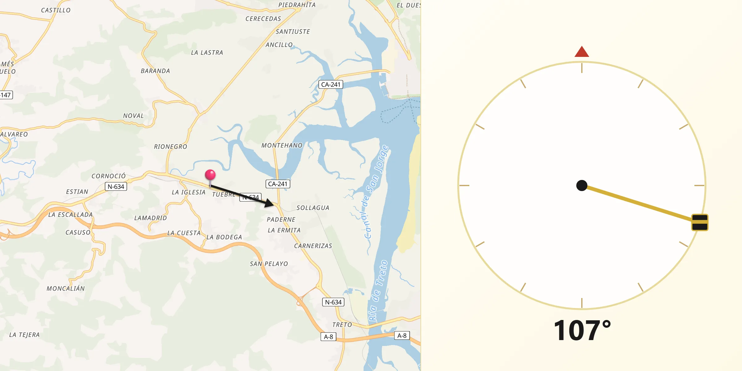 Dirección de la Qibla desde Bárcena de Cicero