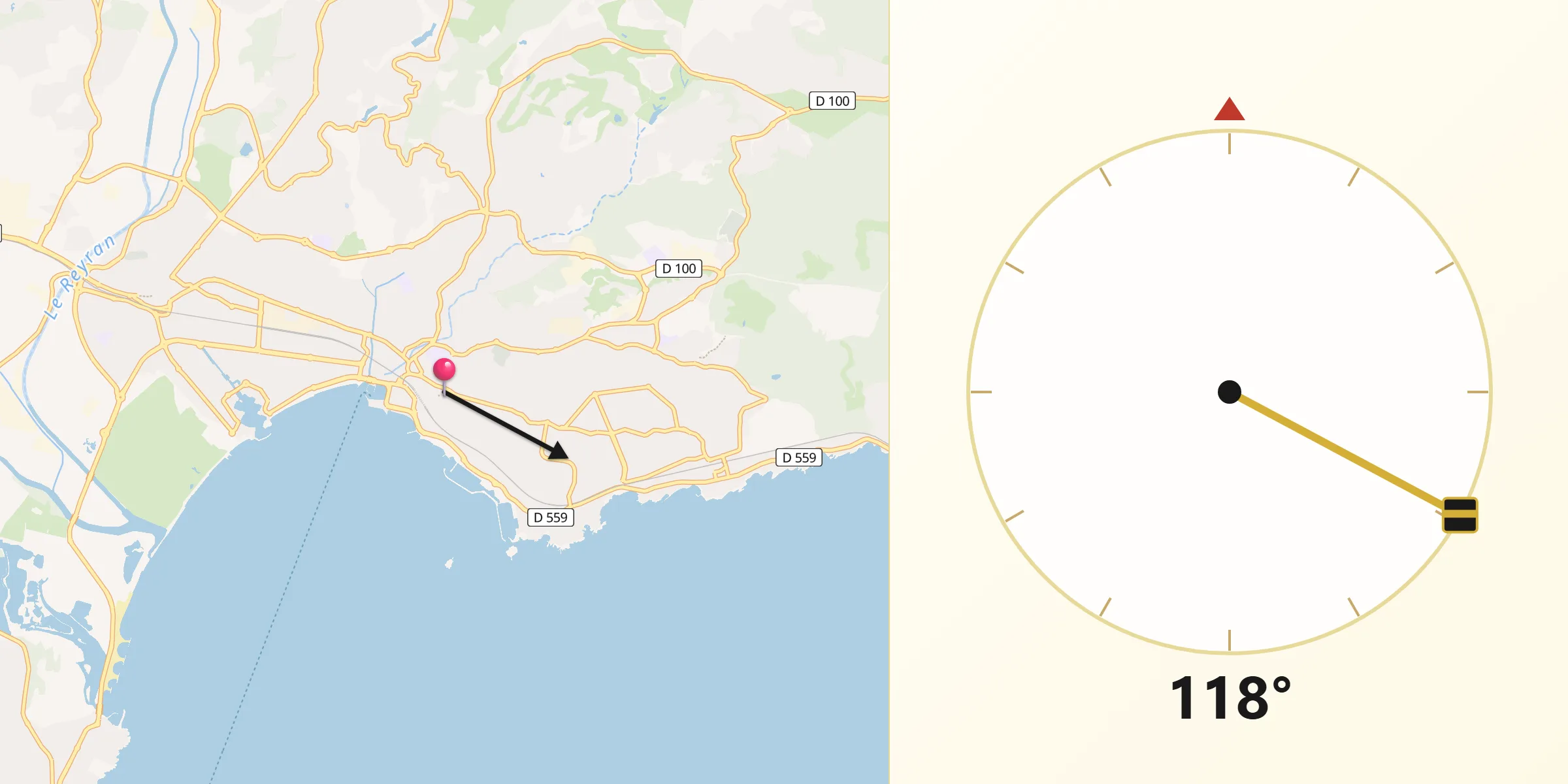 Direction vers la Qibla depuis Saint-Raphaël