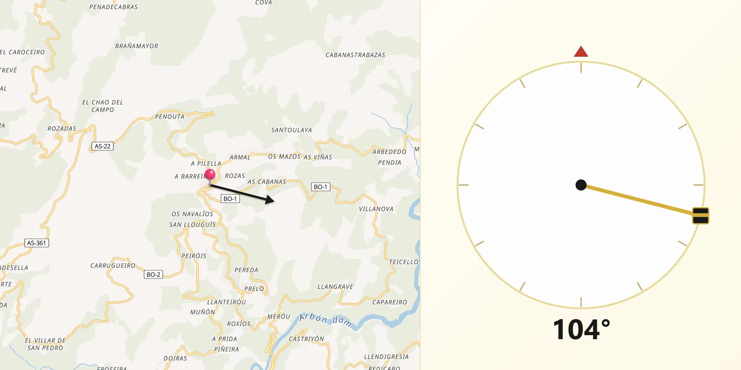 Dirección de la Qibla desde Boal