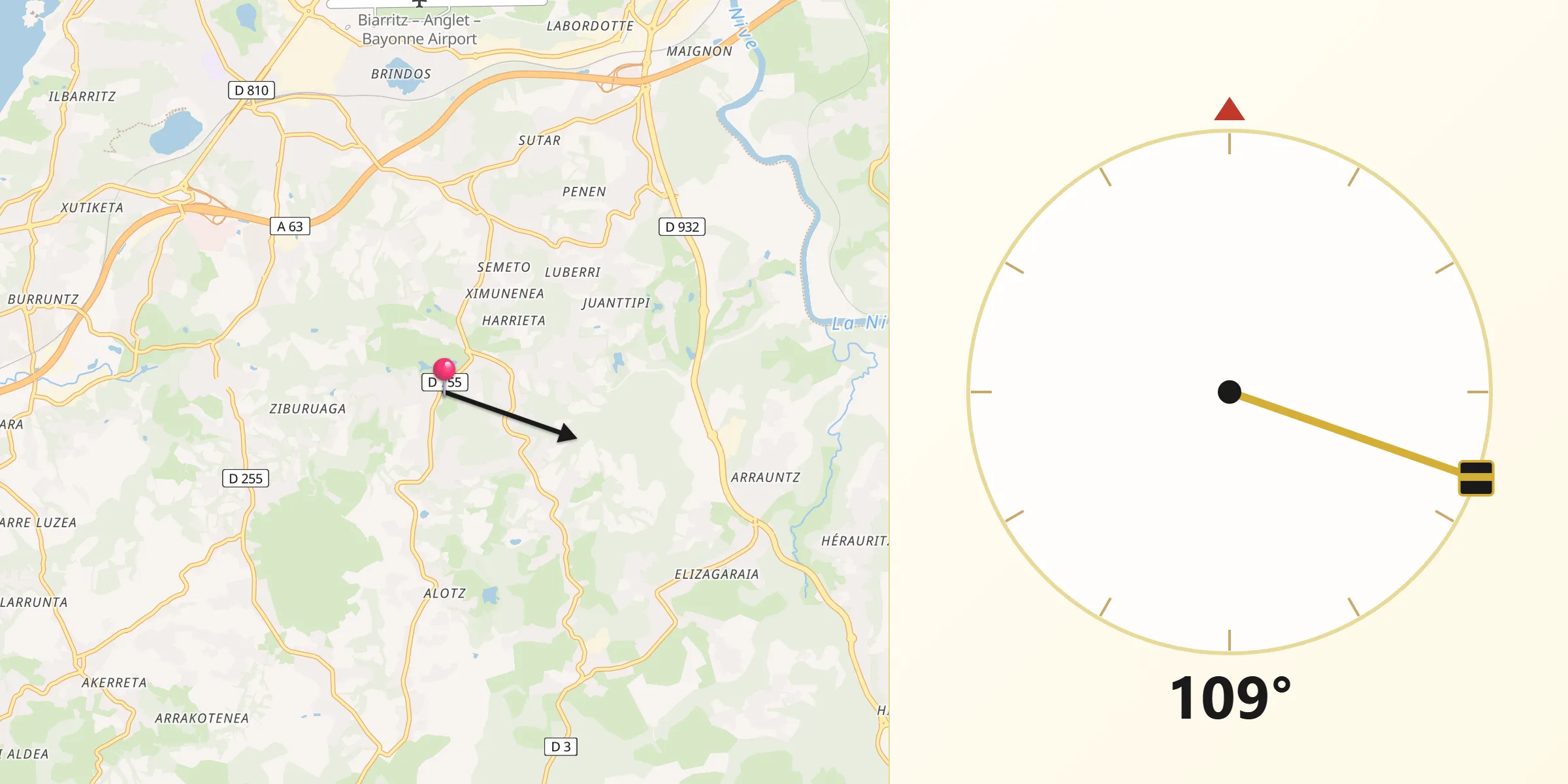 Direction vers la Qibla depuis Arcangues