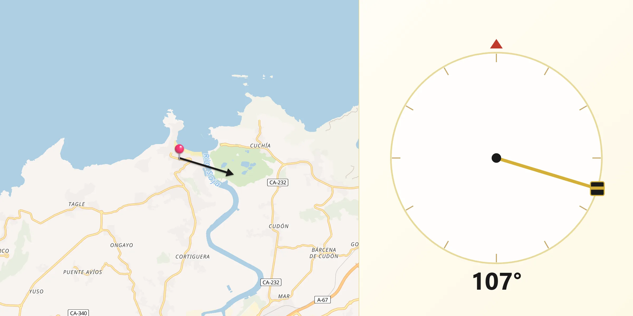 Dirección de la Qibla desde Suances