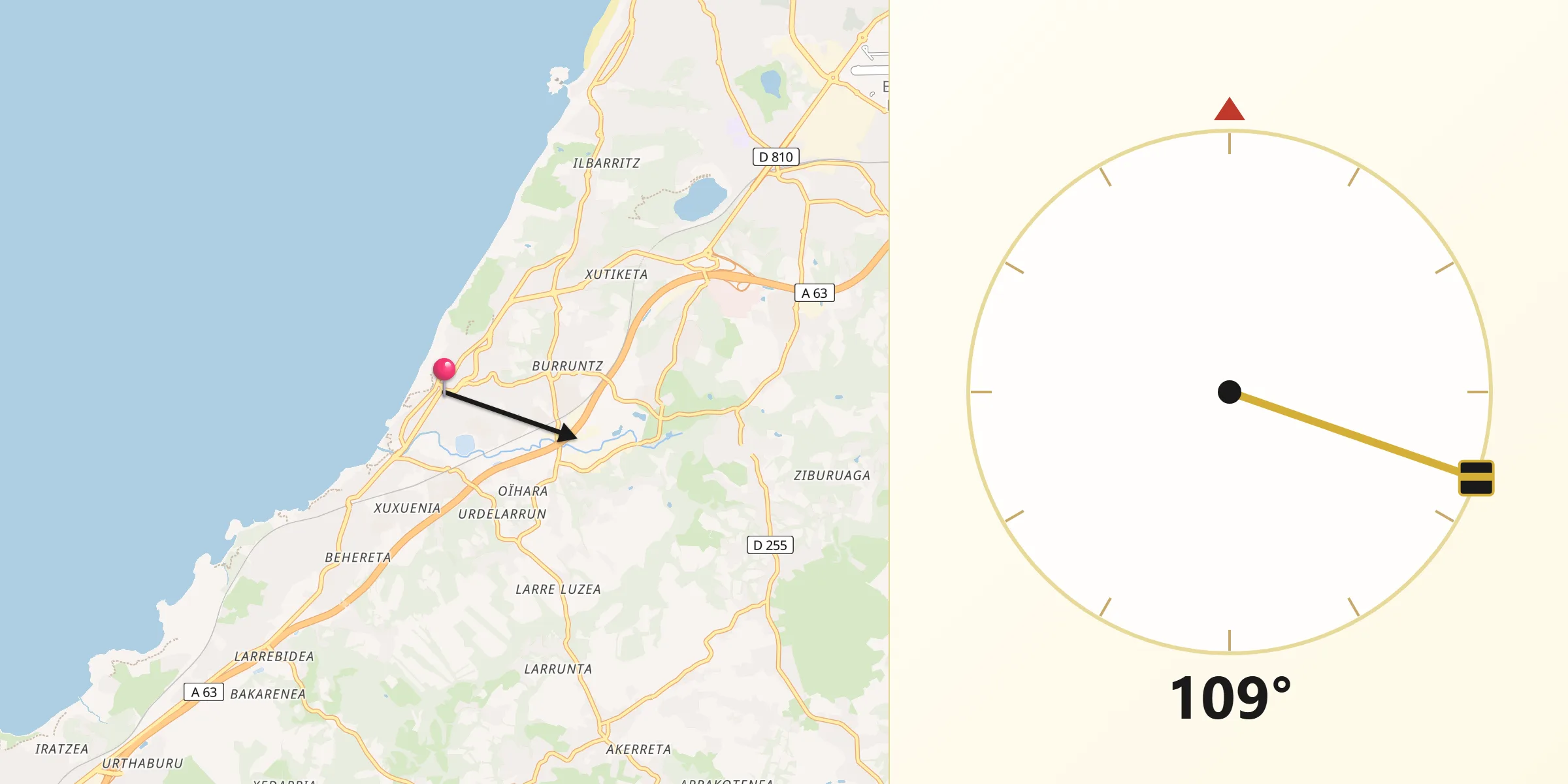 Direction vers la Qibla depuis Bidart
