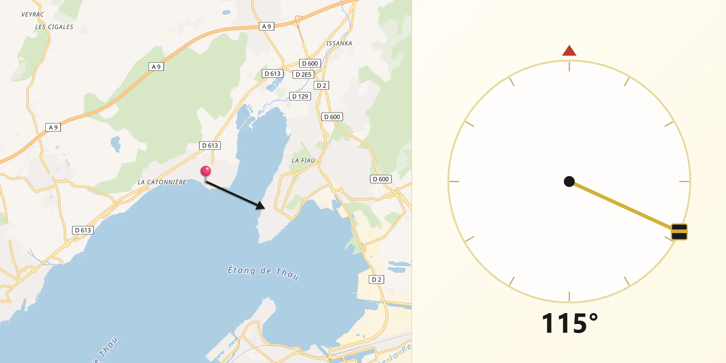 Direction vers la Qibla depuis Bouzigues
