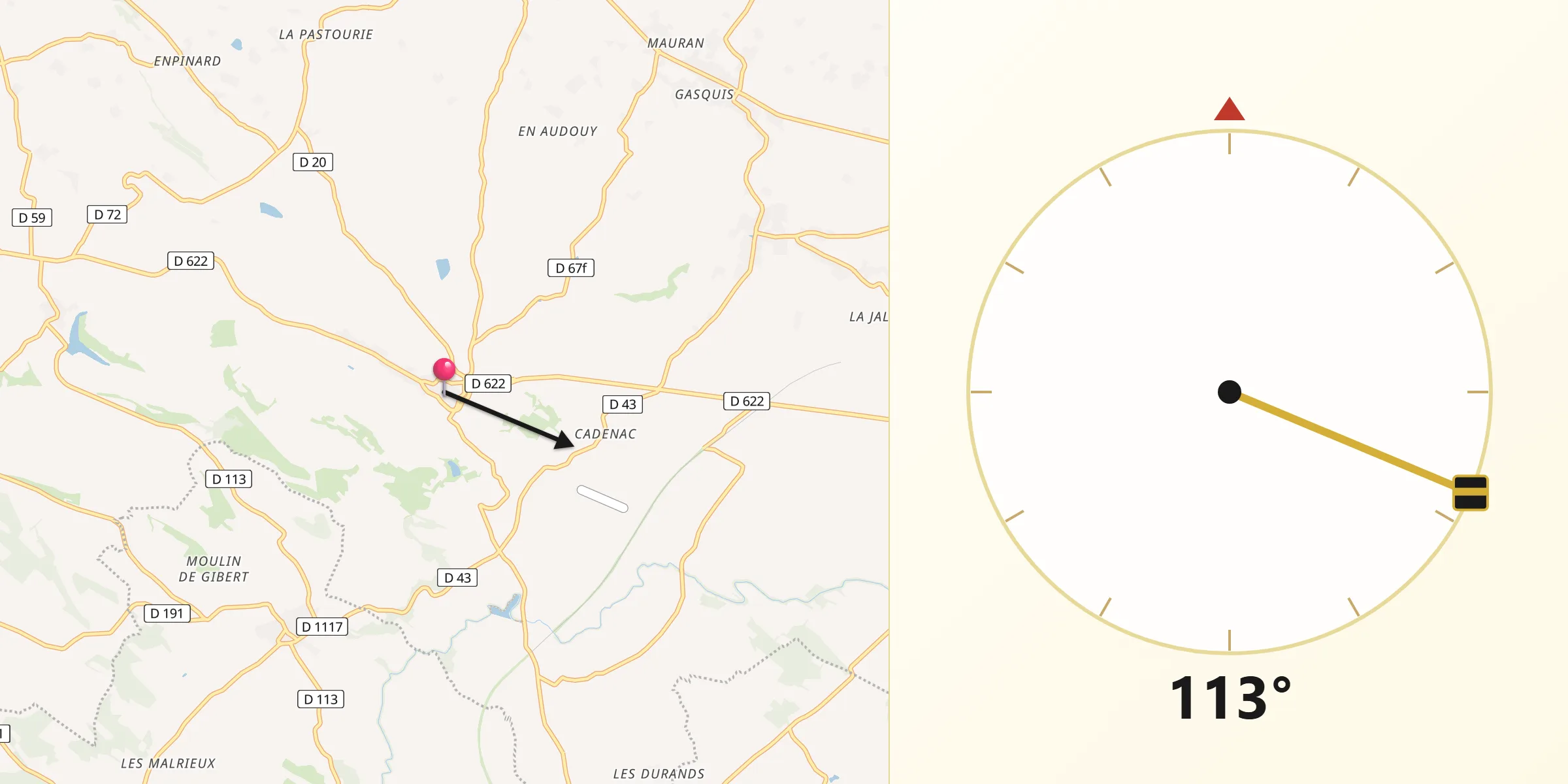 Direction vers la Qibla depuis Saint-Félix-Lauragais