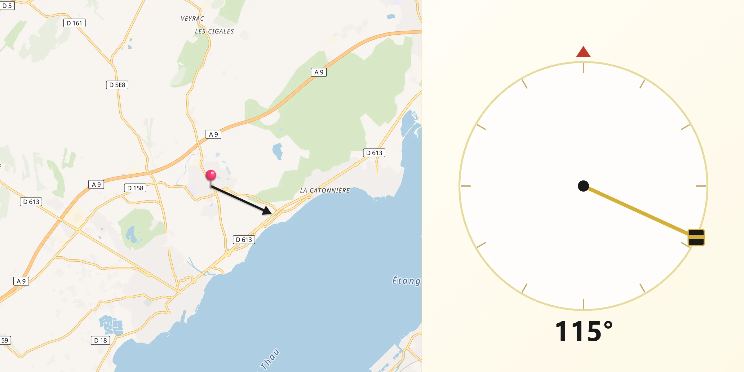 Direction vers la Qibla depuis Loupian