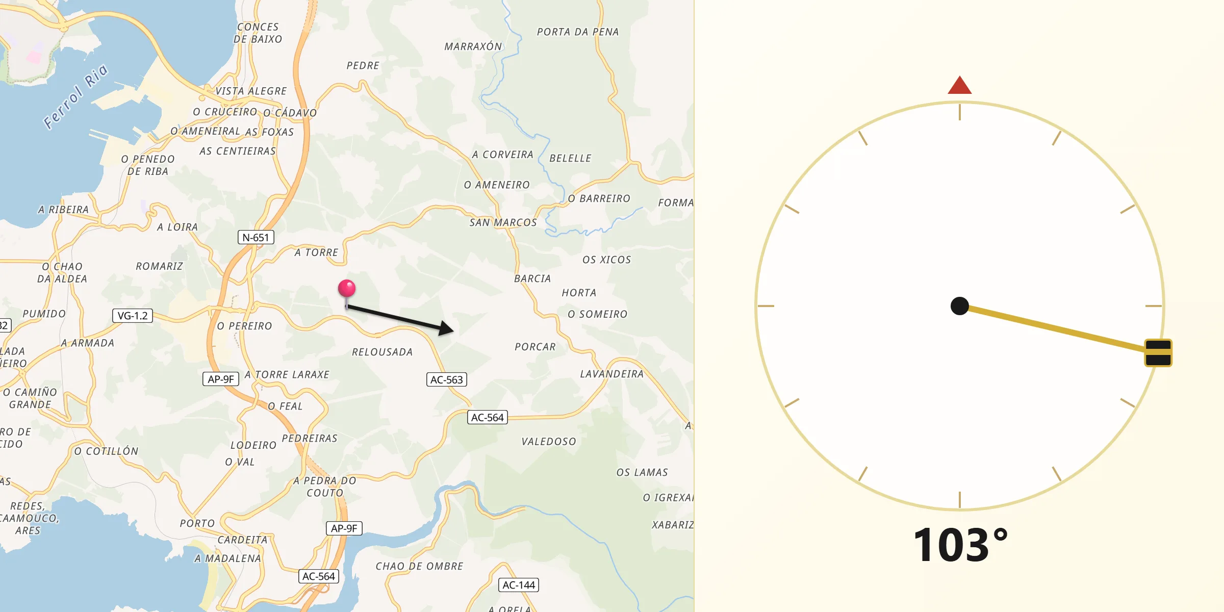 Dirección de la Qibla desde Fene