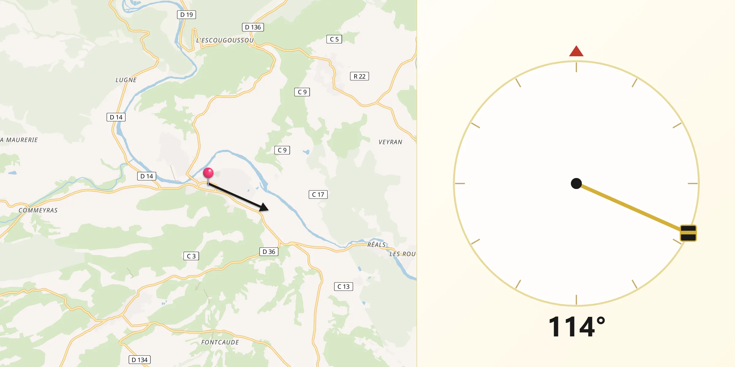 Direction vers la Qibla depuis Cessenon-sur-Orb