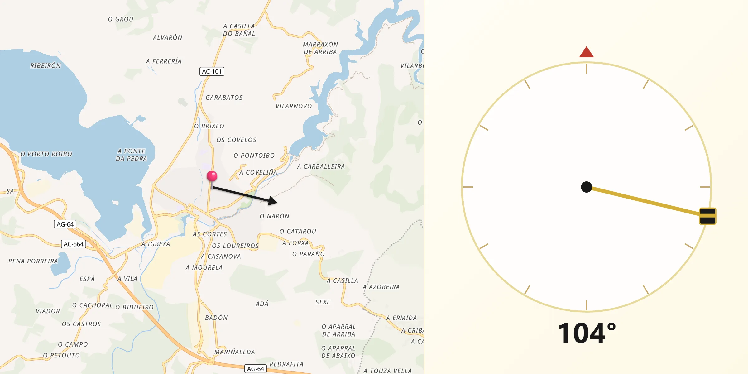 Dirección de la Qibla desde As Pontes de García Rodríguez