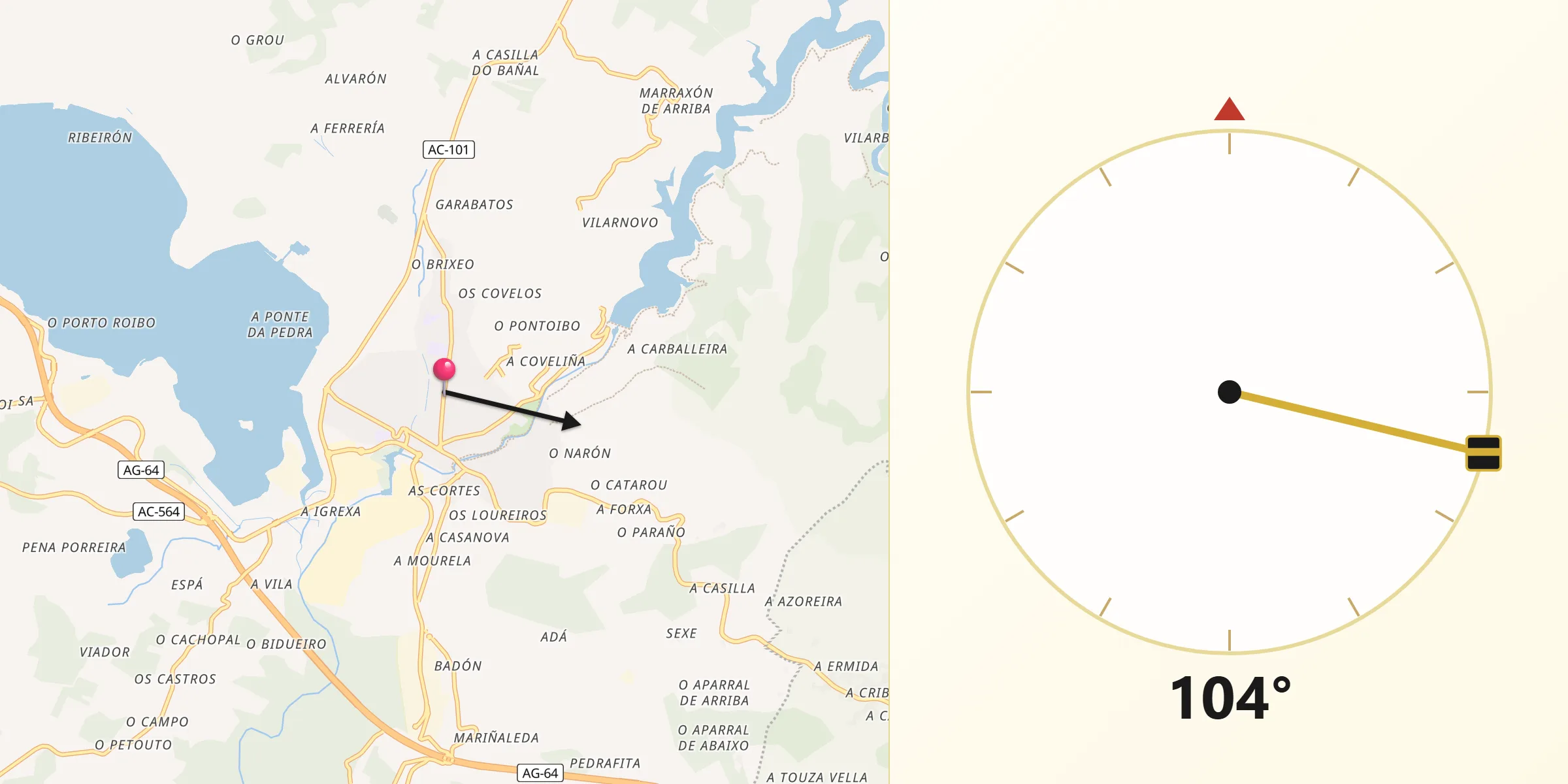 Dirección de la Qibla desde Pontes de García Rodríguez As
