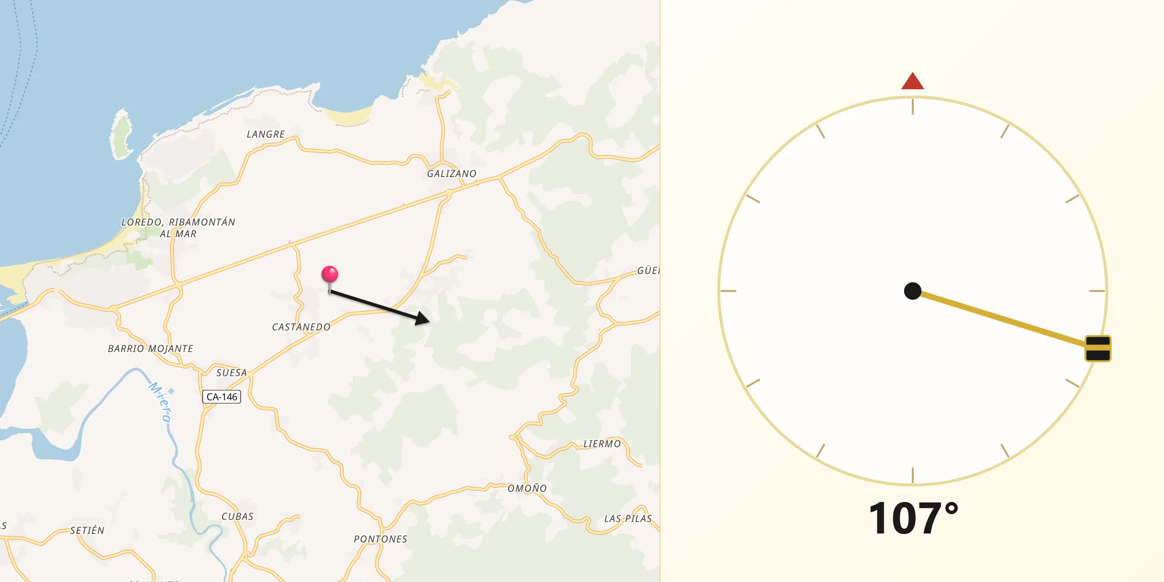 Dirección de la Qibla desde Ribamontán al Mar
