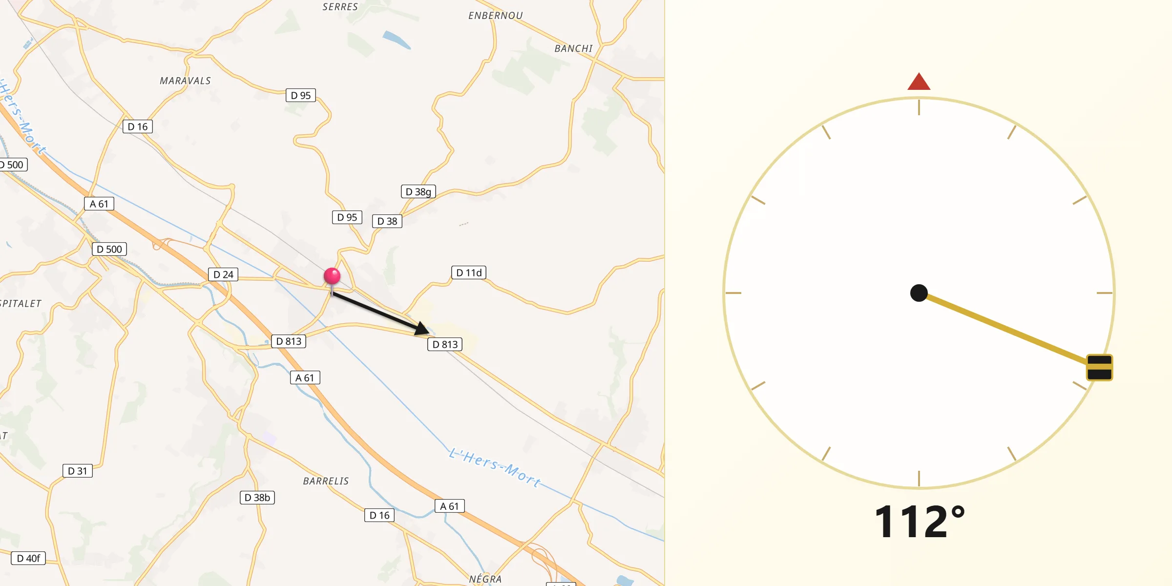 Direction vers la Qibla depuis Baziège