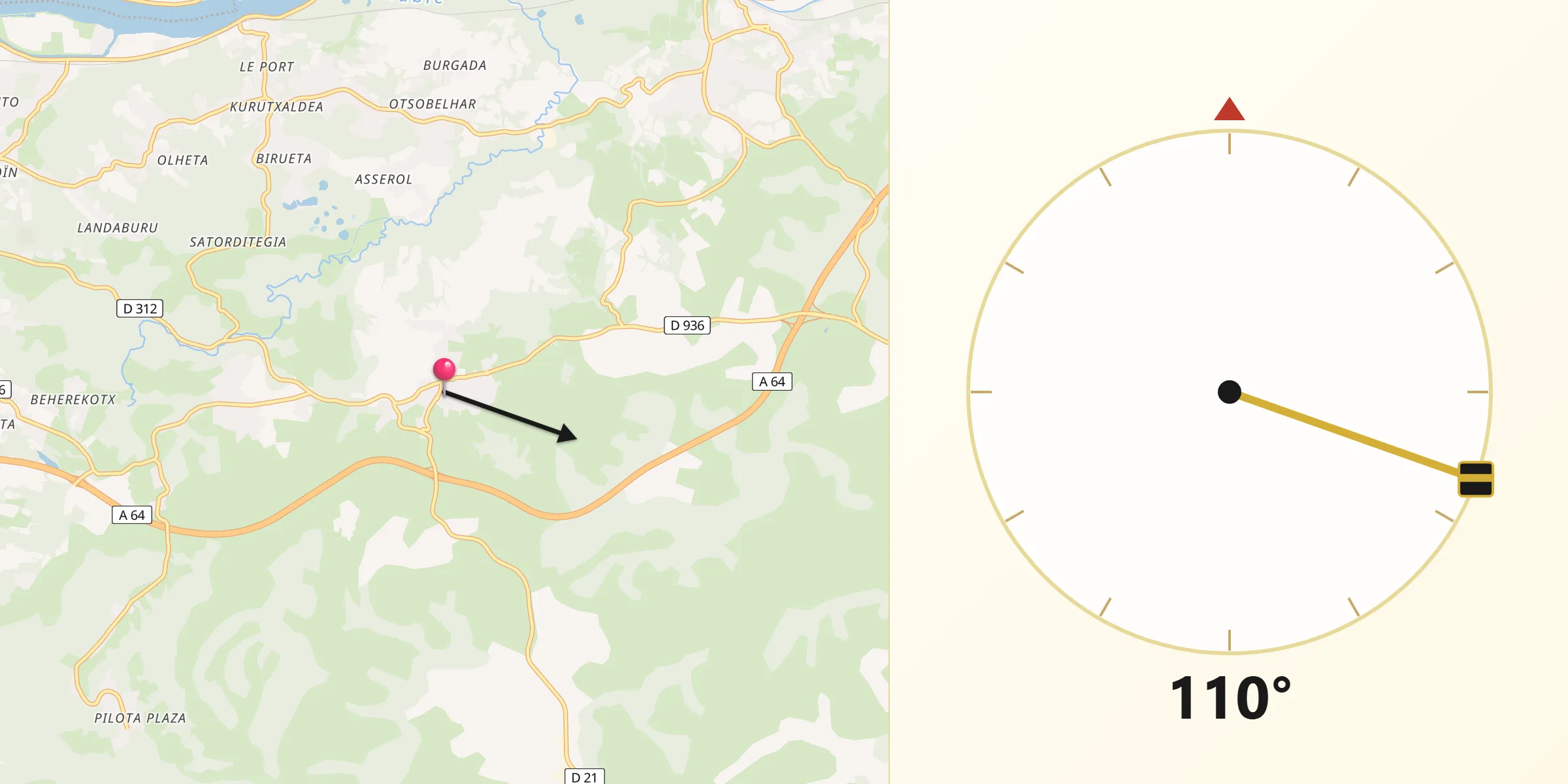 Direction vers la Qibla depuis Briscous