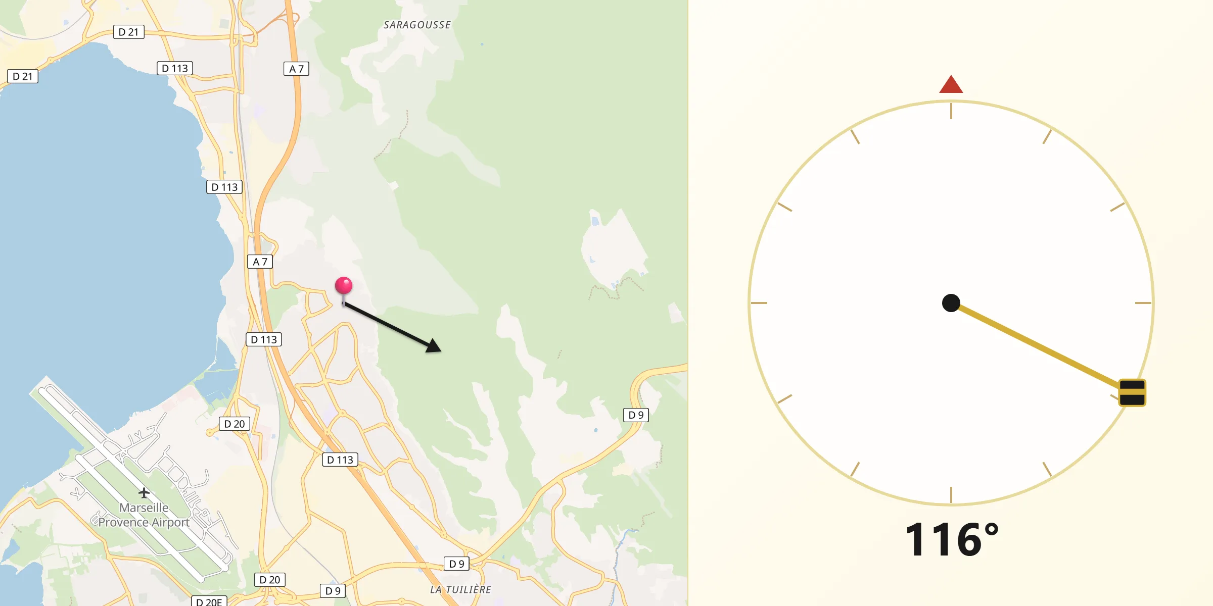 Direction vers la Qibla depuis Vitrolles