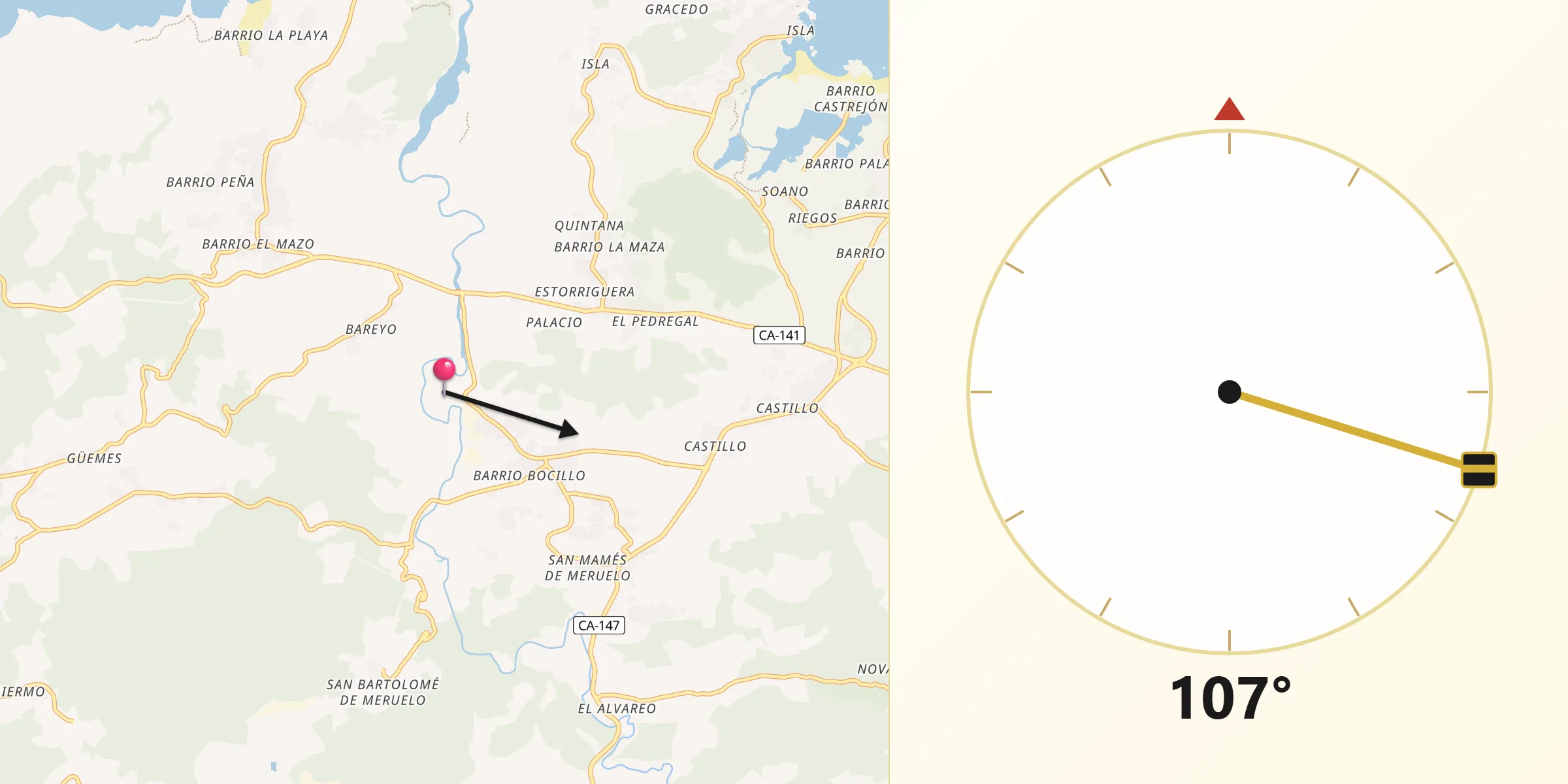Dirección de la Qibla desde San Miguel de Meruelo