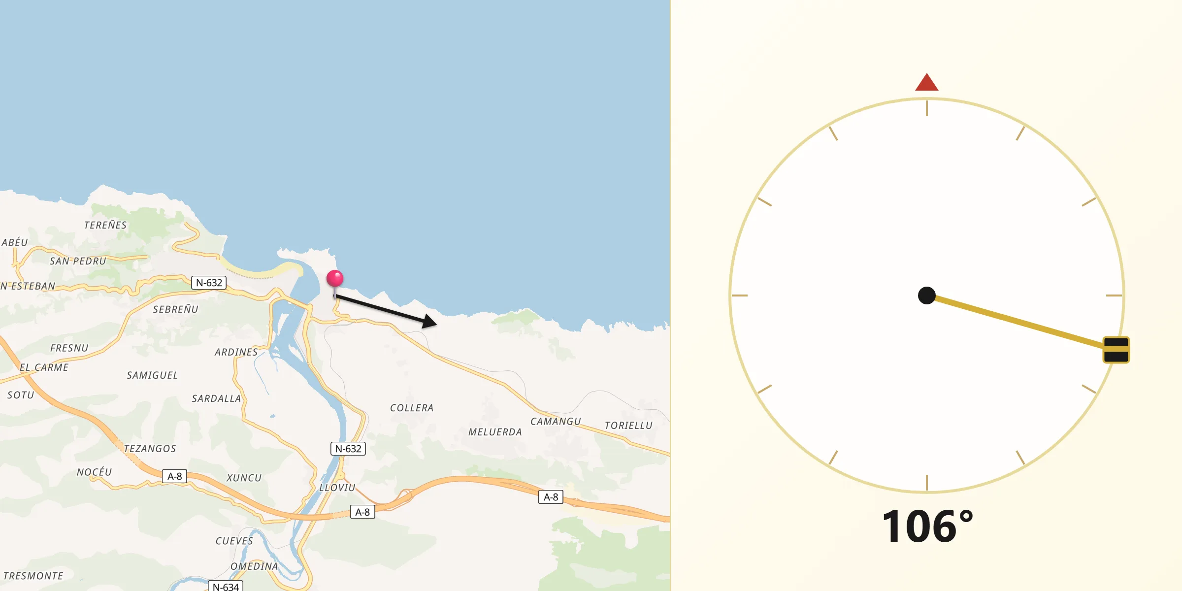 Dirección de la Qibla desde Ribadesella