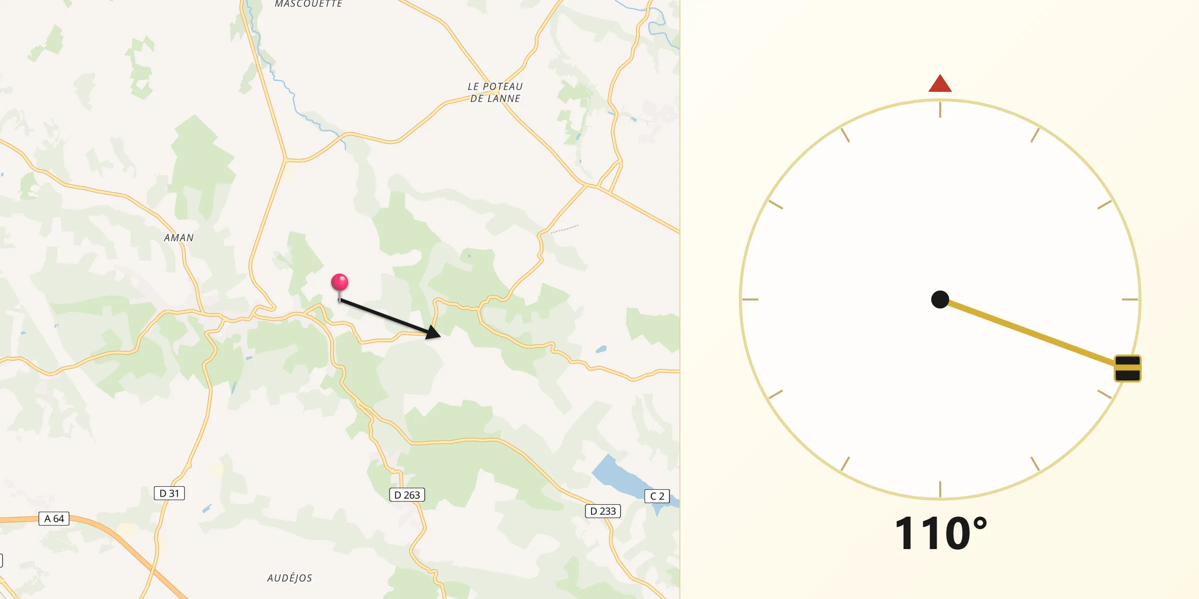 Direction vers la Qibla depuis Arthez-de-Béarn