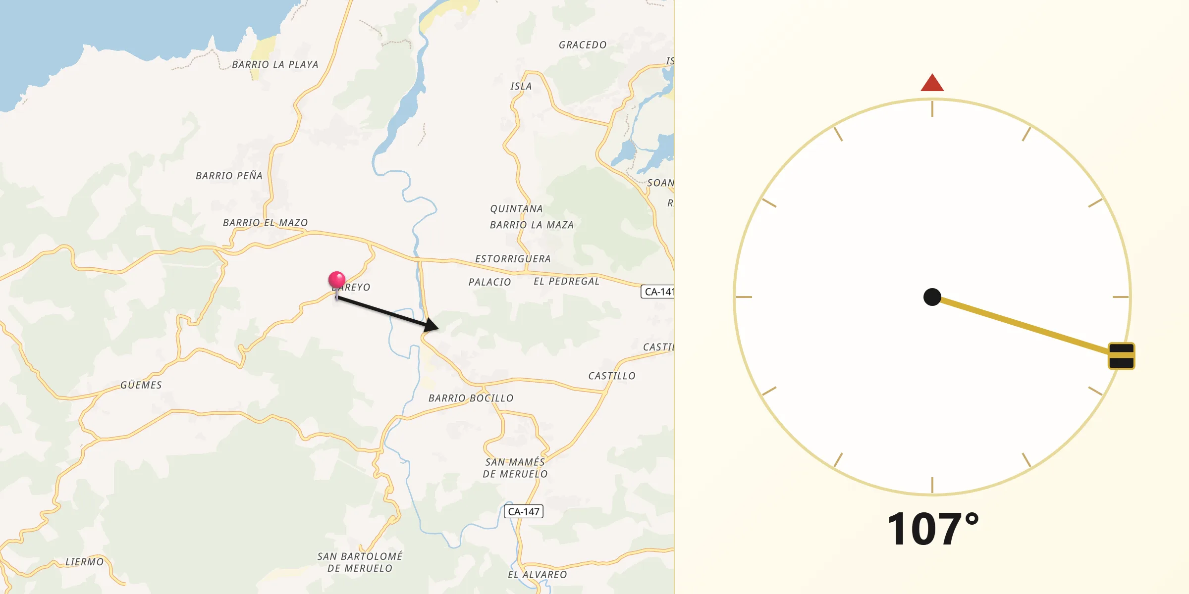 Dirección de la Qibla desde Bareyo