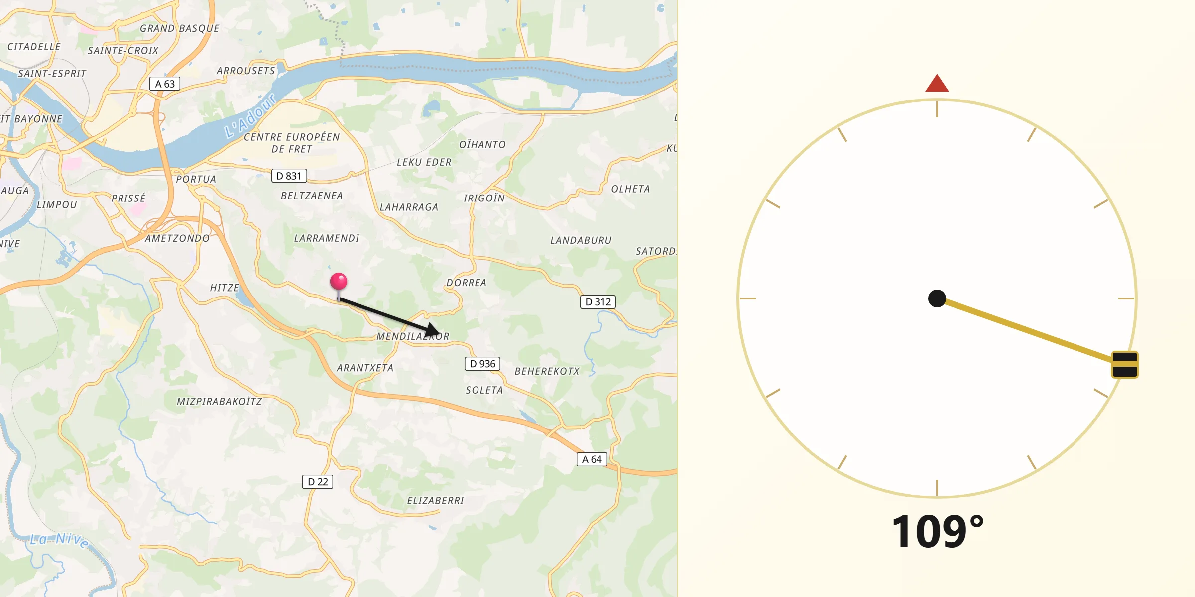 Direction vers la Qibla depuis Mouguerre