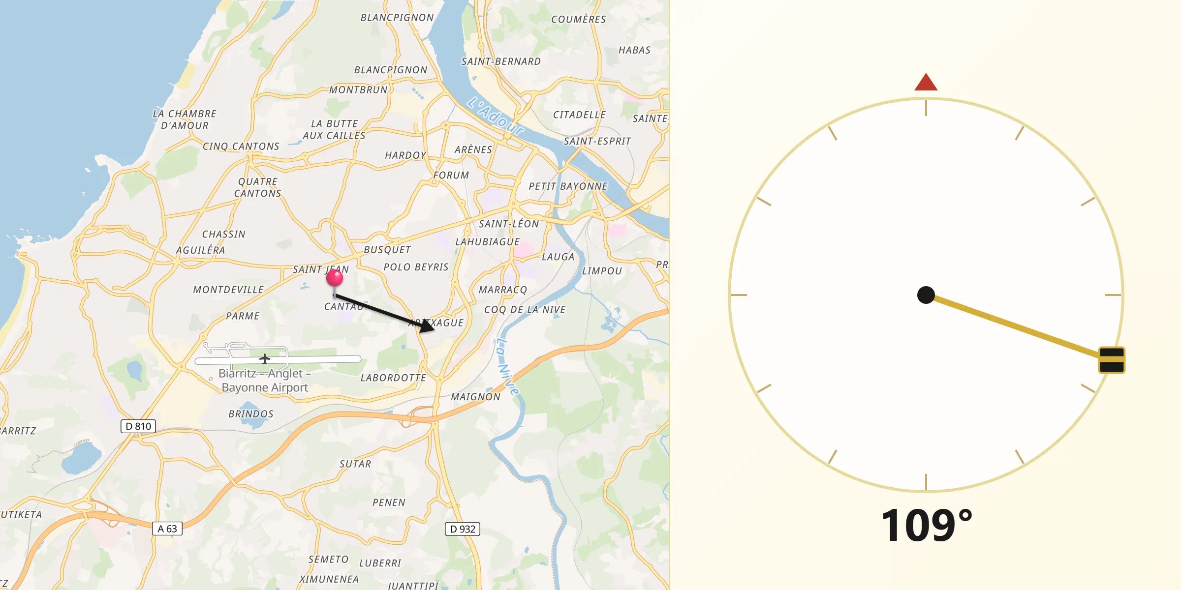 Direction vers la Qibla depuis Anglet