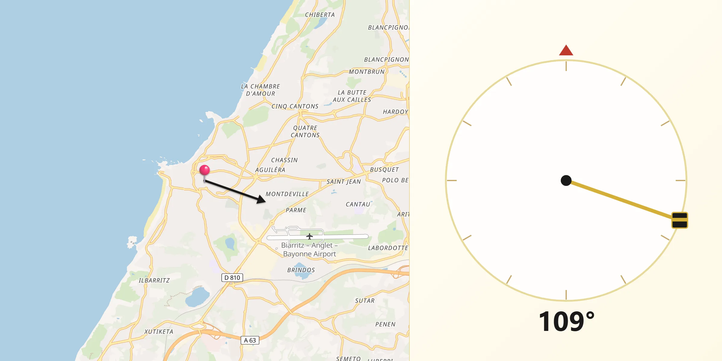 Direction vers la Qibla depuis Biarritz