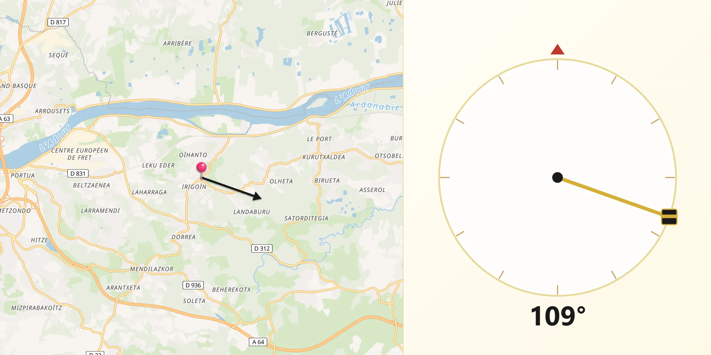 Direction vers la Qibla depuis Lahonce