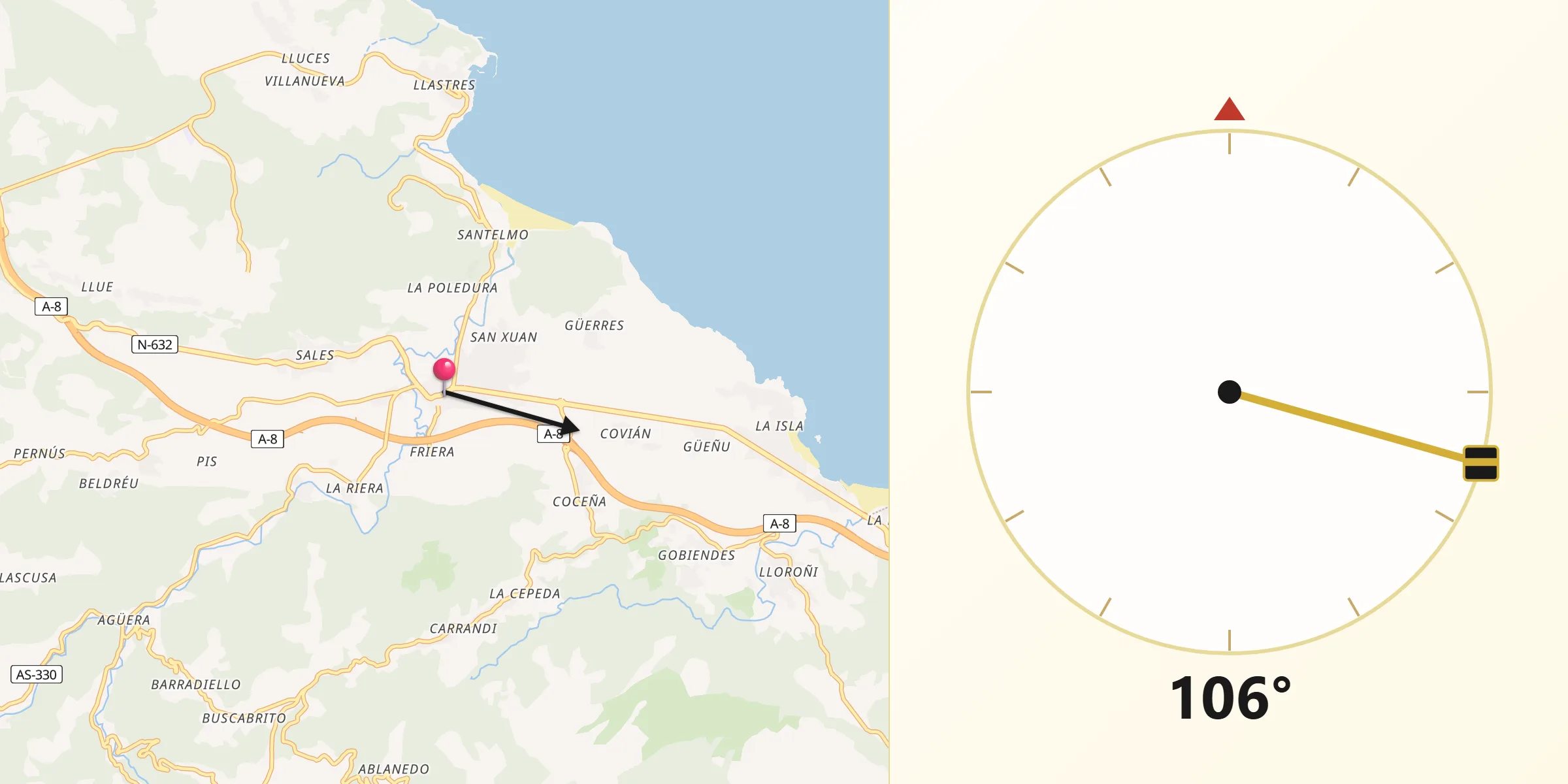 Dirección de la Qibla desde Colunga